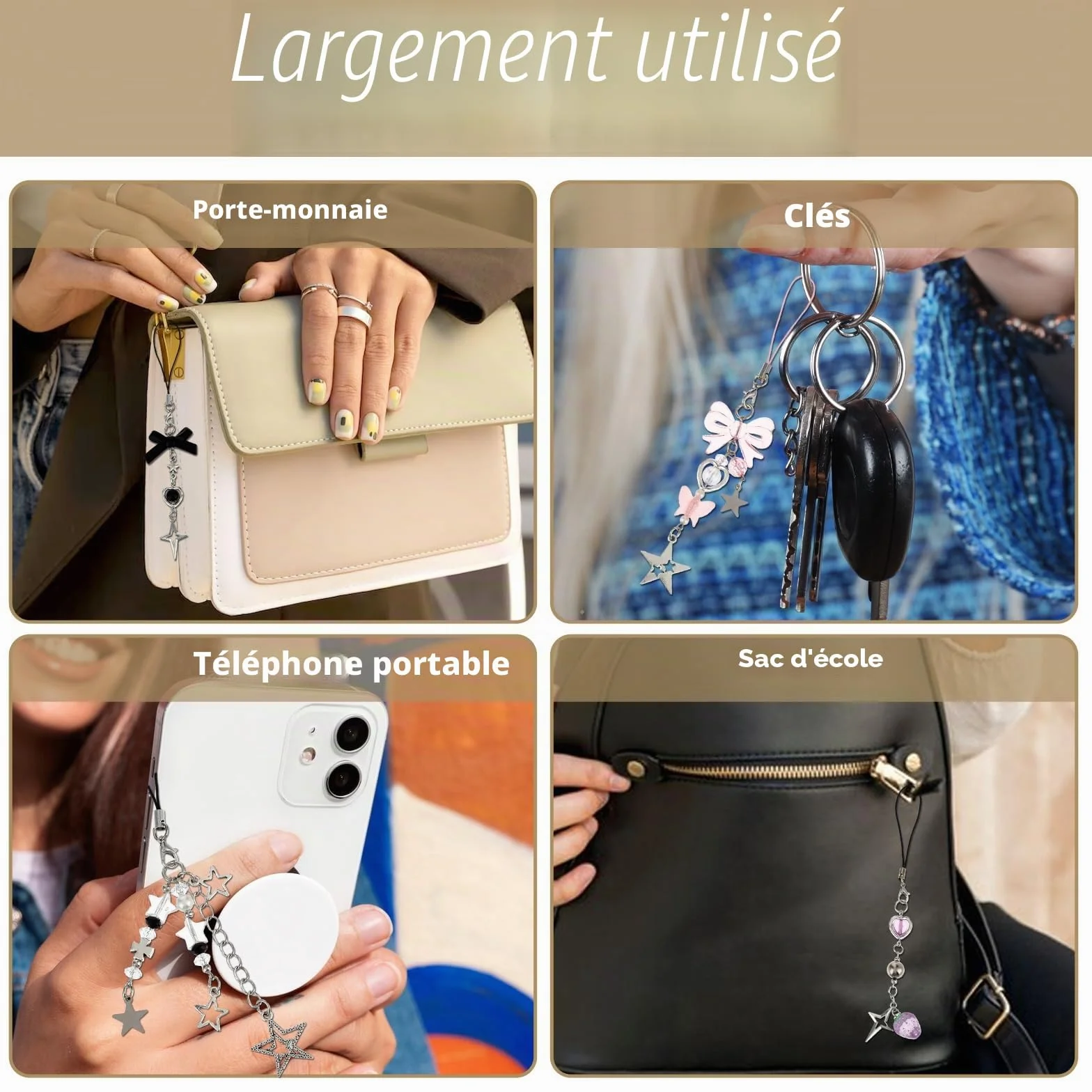 4 jolies breloques pour téléphone portable, ensemble de bijoux de telephone, fraise rose, papillon, étoile breloque pour téléphone portable, porte-clés, décoration d'appareil photo