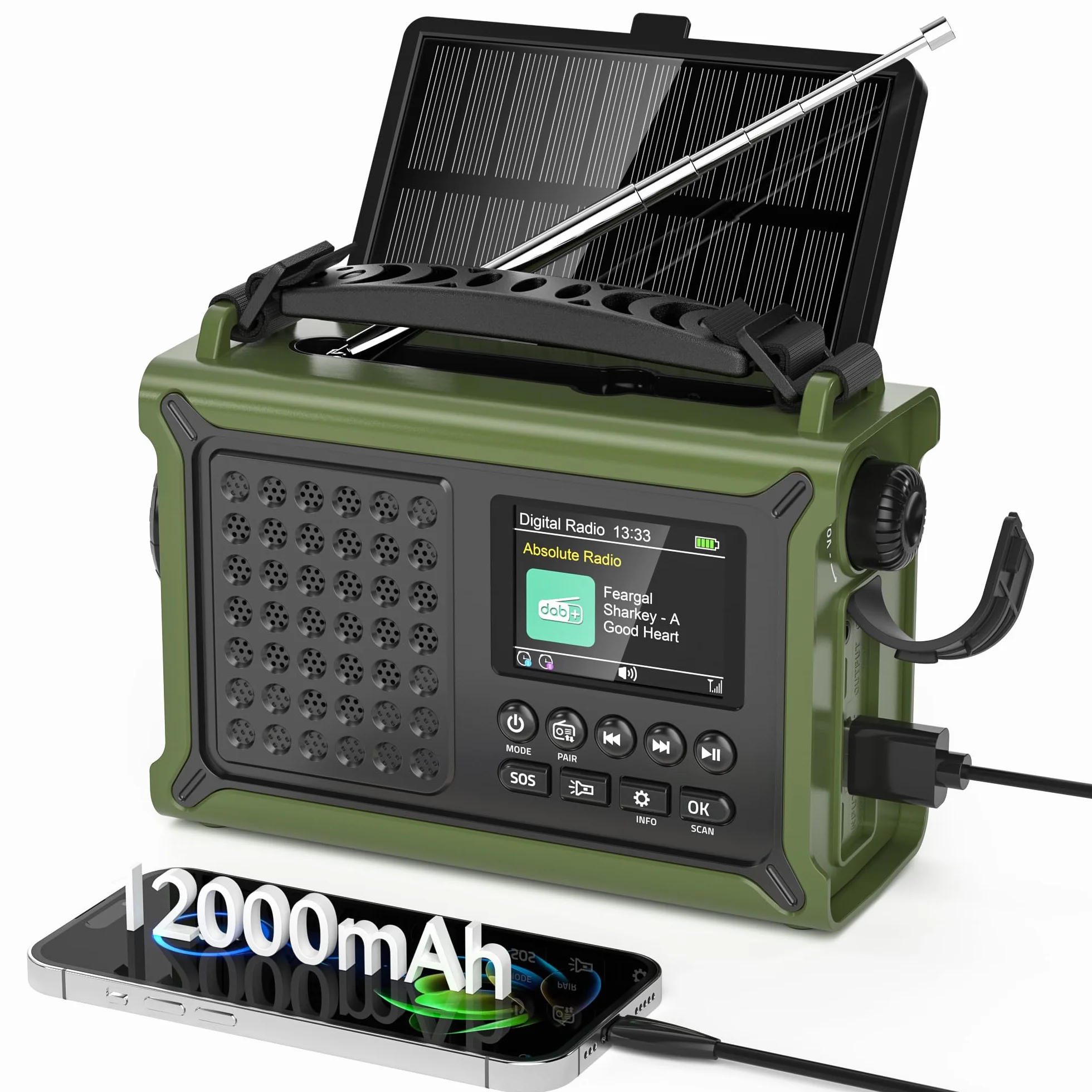 Radio Portable Dab/Dab+& FM, Radio Numérique avec Bluetooth 5.0, Écran Couleur 2,4", 12000mAh Power Bank pour Le Chargement d’Urgence du Téléphone Intelligent, 80 Stations Préréglées, Double Alarme