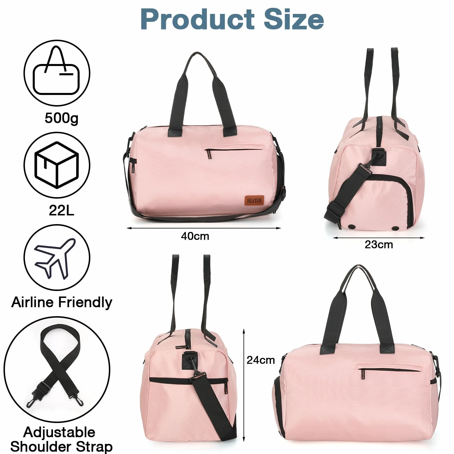 Romon Sac de Sport 22L Rose Imperméable Compartiment Chaussures Bandoulière Réglable