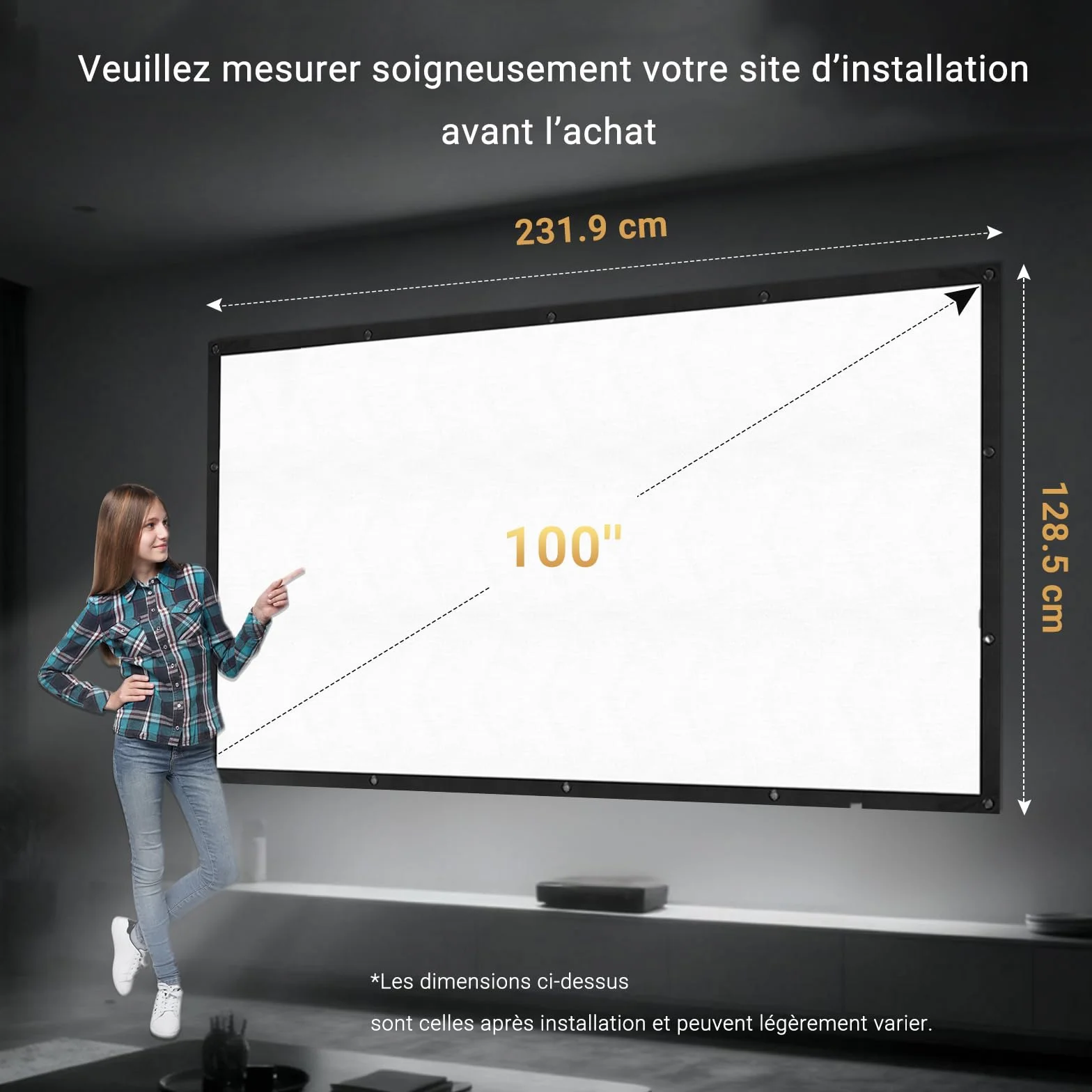 IOLIEO Écran de Projection 100 Pouces 16:9 Dos Noir Pliable Lavable Anti-Pli