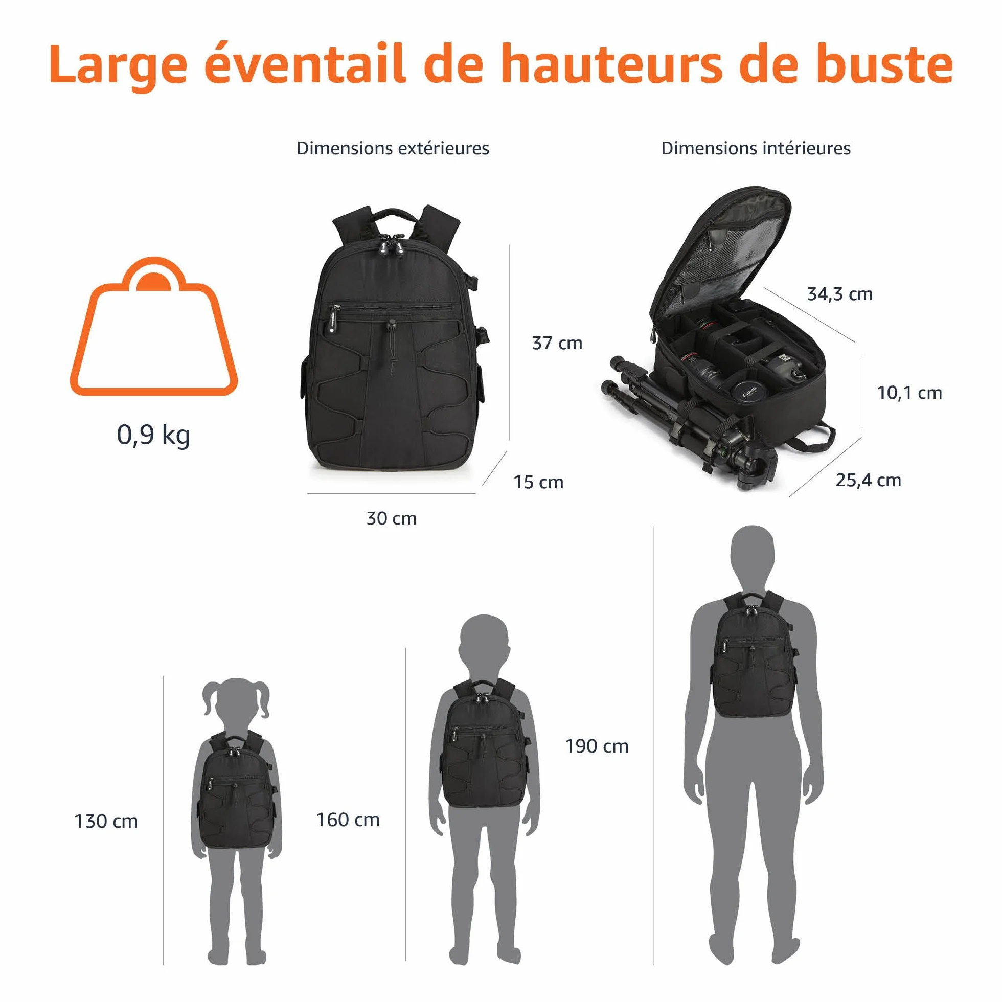 Amazon Basics Sac à Dos pour Appareil Photo Grande Capacité 30 x 15 x 37 cm Noir