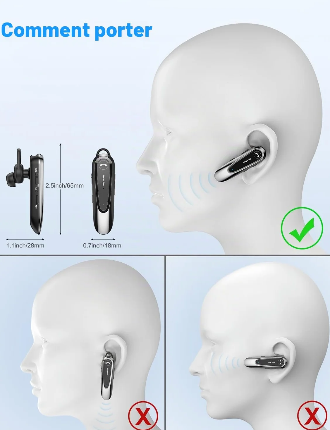 New Bee Oreillette Bluetooth sans Fil avec Dual Mic V5.0 Main Libre Bluetooth Oreillette avec 20H de Temps de Conversation Mic Mute Connexion de Deux Appareils pour iPhone, Android et PC