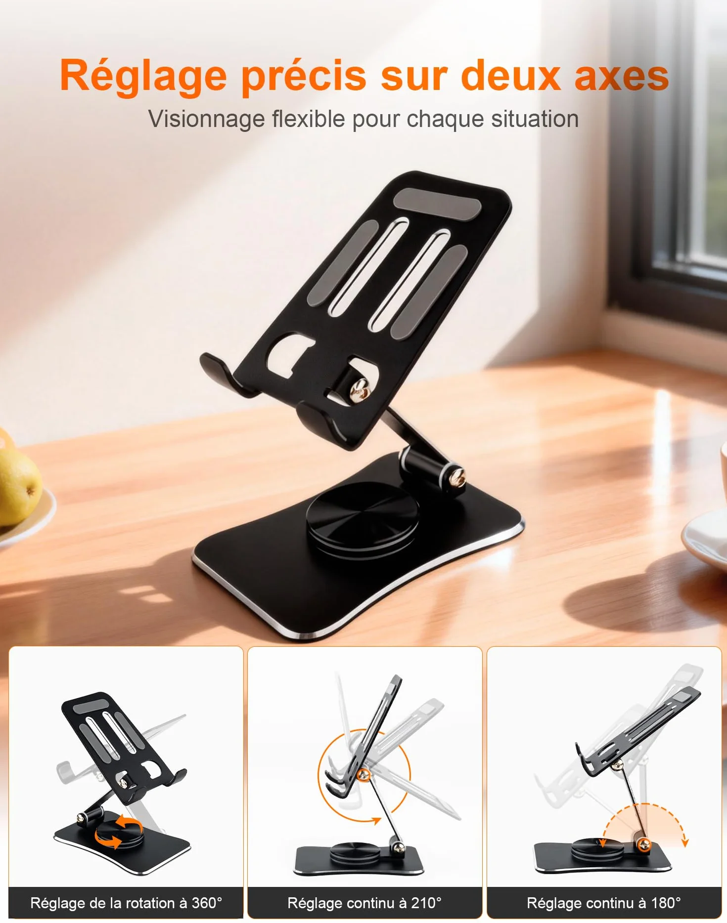GRIFEMA GB1055 Support Téléphone et Tablette de Bureau Pliable, Rotatif 360°, Ajustable, Alliage d'Aluminium, Compatible 3,5–10,5''