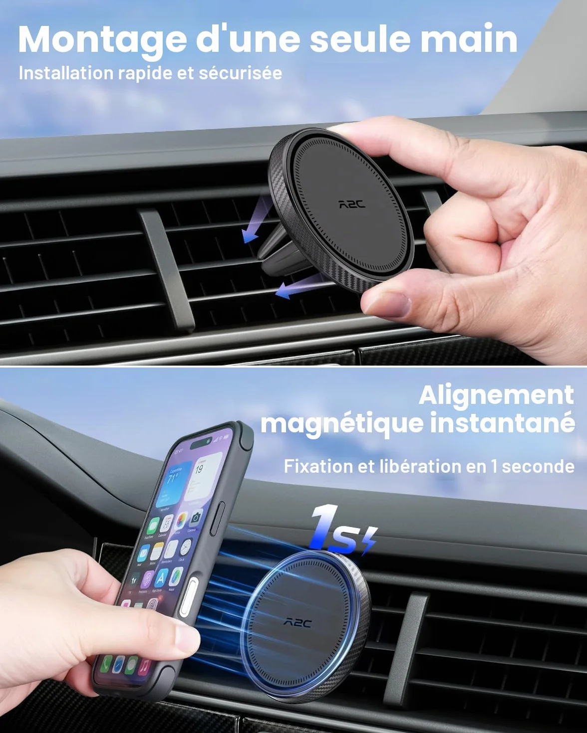 A2C Support de téléphone Portable pour Grille d'aération de Voiture Magsafe 17 x N54 magnétique et Ultra Stable - Support magnétique Universel pour Grille d'aération de Voiture - pour iPhone, Samsung