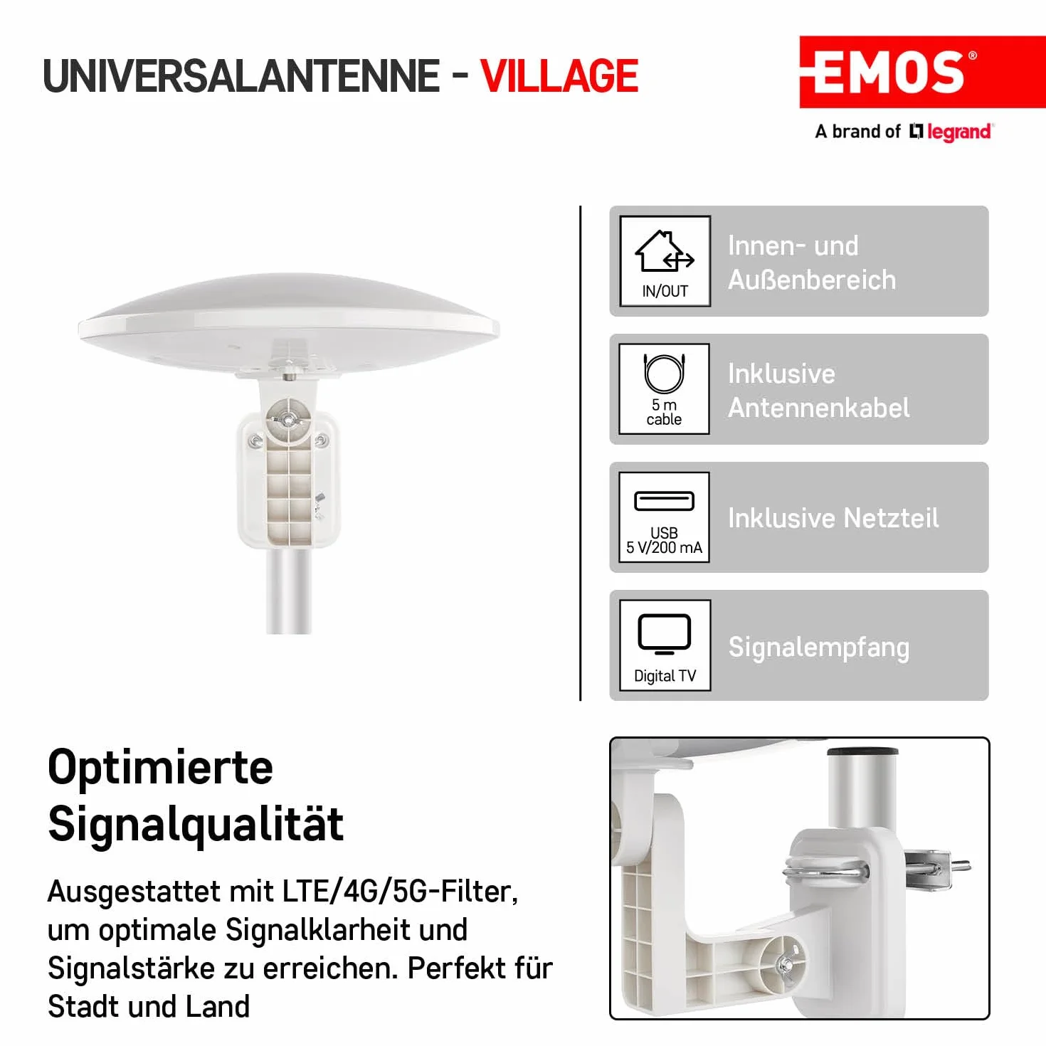 EMOS - Antenne numérique avec amplificateur - pour l'extérieur - Antenne Active Village - Portée 0-80 km - FM/Dab/DVB-T/DVB-T2 - Filtre LTE/4G/5G intégré - Angle de réception 360°