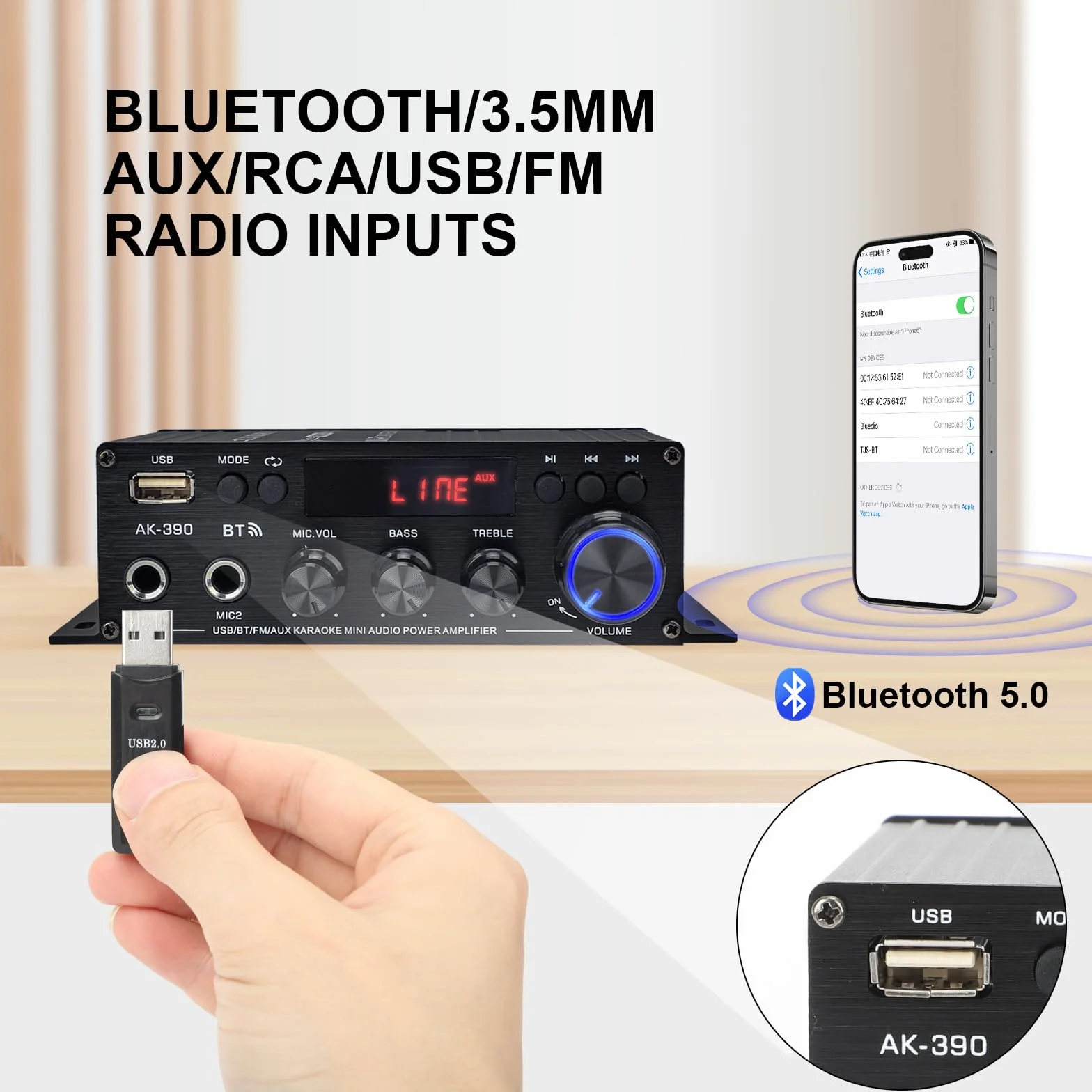 Amplificateur Hifi Bluetooth 5.0 2 Canaux 40W+40W 400W 12V 5A avec Télécommande