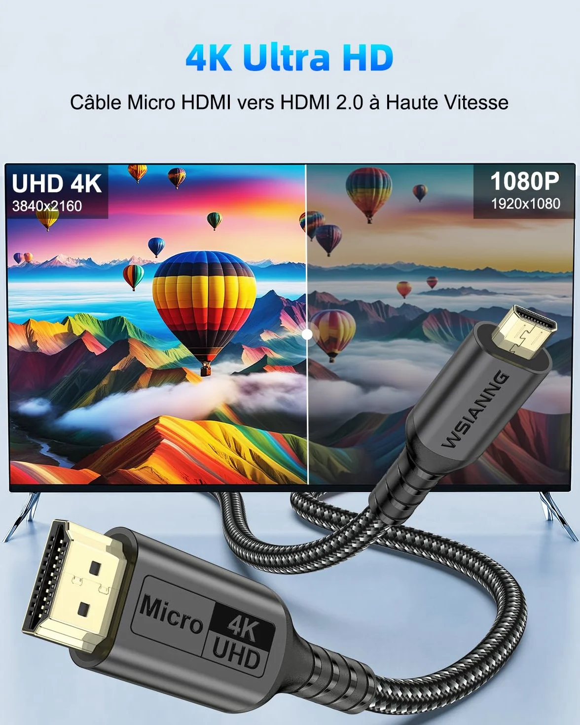 Câble Micro HDMI vers HDMI, 0.3m pour Streaming et Gaming, Câble Micro HDMI 2.0 avec 4K@60Hz, HDR, ARC et Dolby 3D Full HD, pour Moniteur, Caméras et Raspberry Pi 5/4
