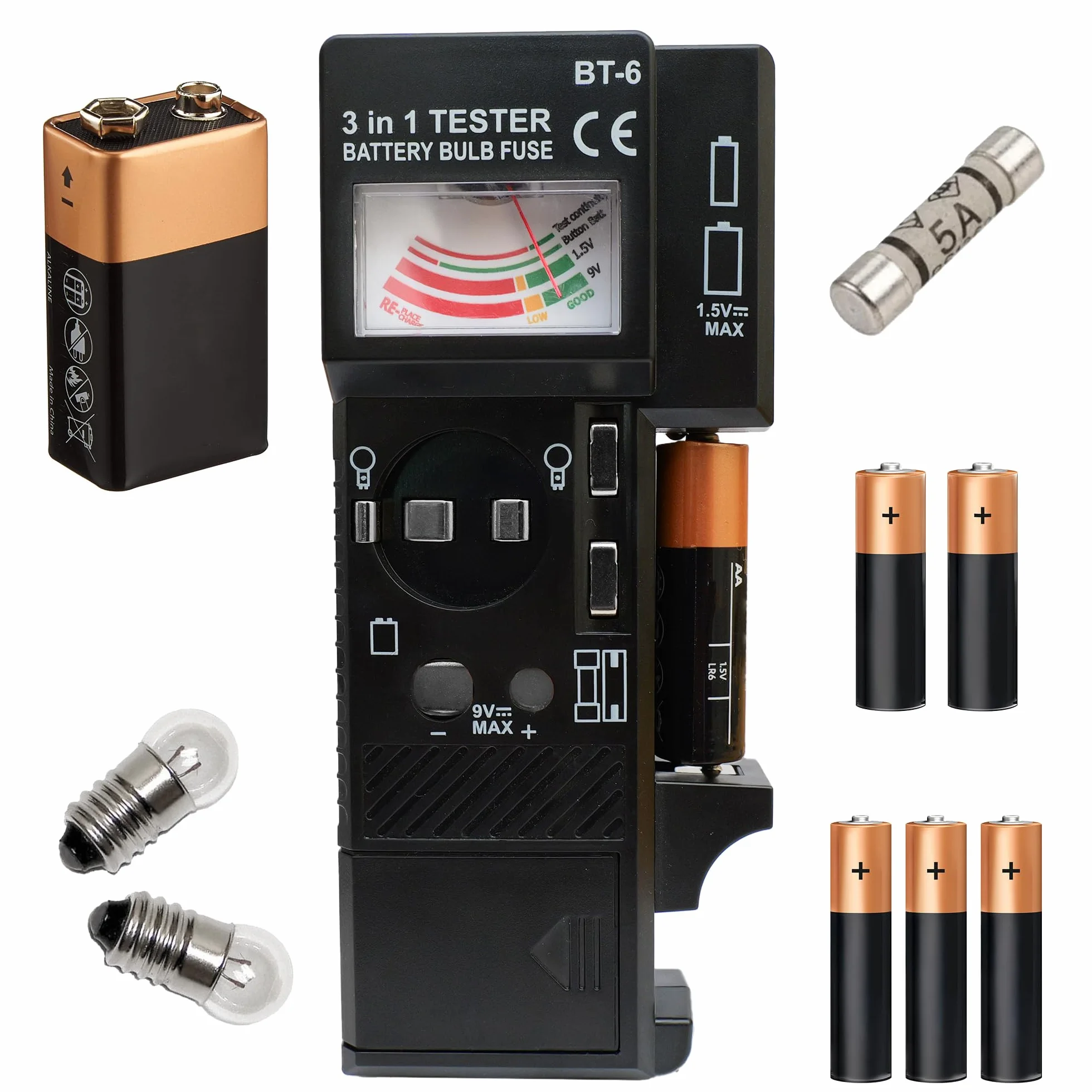 Testeur d'ampoules et de fusibles 3 en 1 - Outil de test multifonction AAA, AA - 9 V - Code couleur - Facile à utiliser, compact, portable, analogique