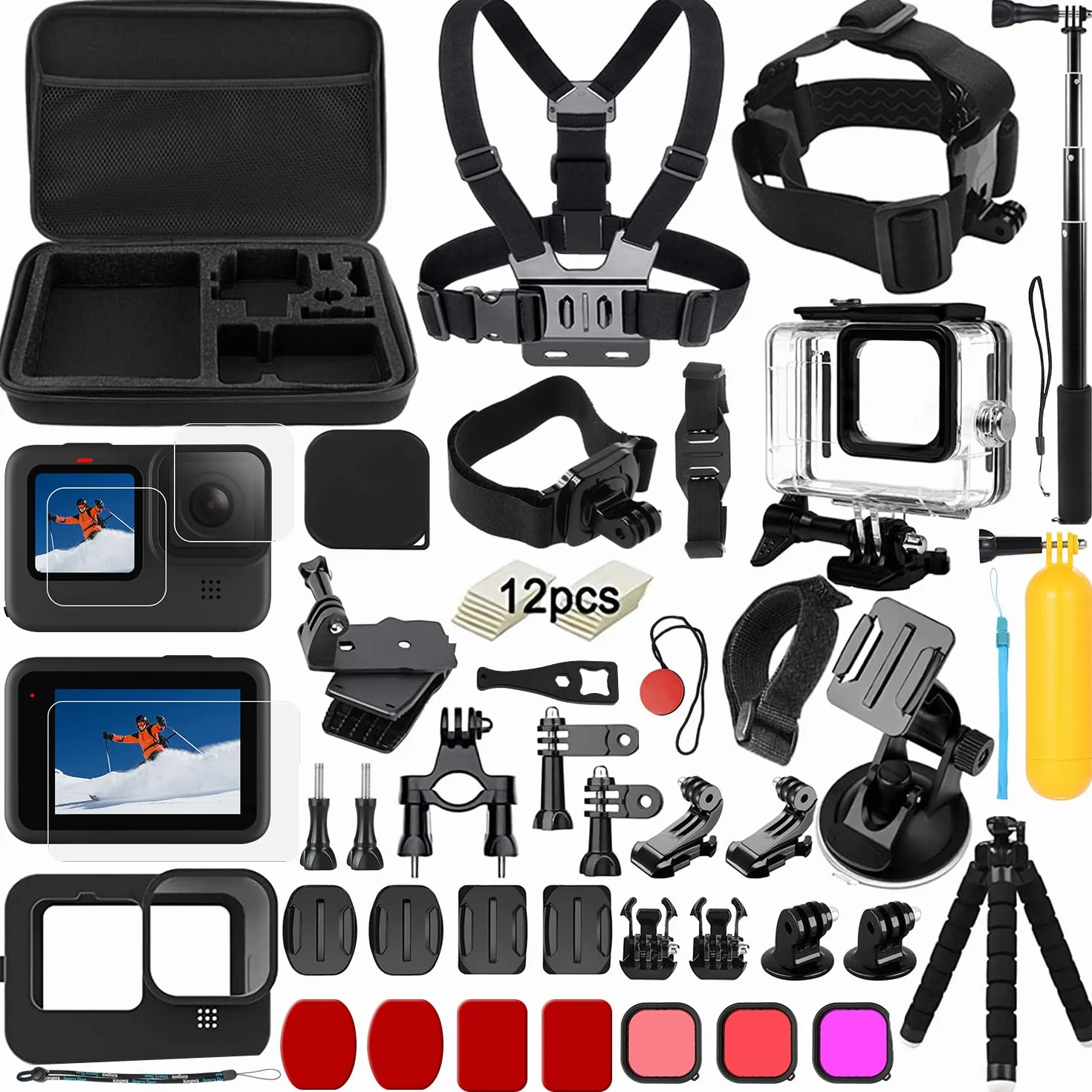 Kit d' Accessoires pour GoPro Hero 12 11 10 9 Black, oGoDeal Caméra d'action Comprenant boitier étanche, Protection D'écran, Un Support de vélo, Poignée Flottante