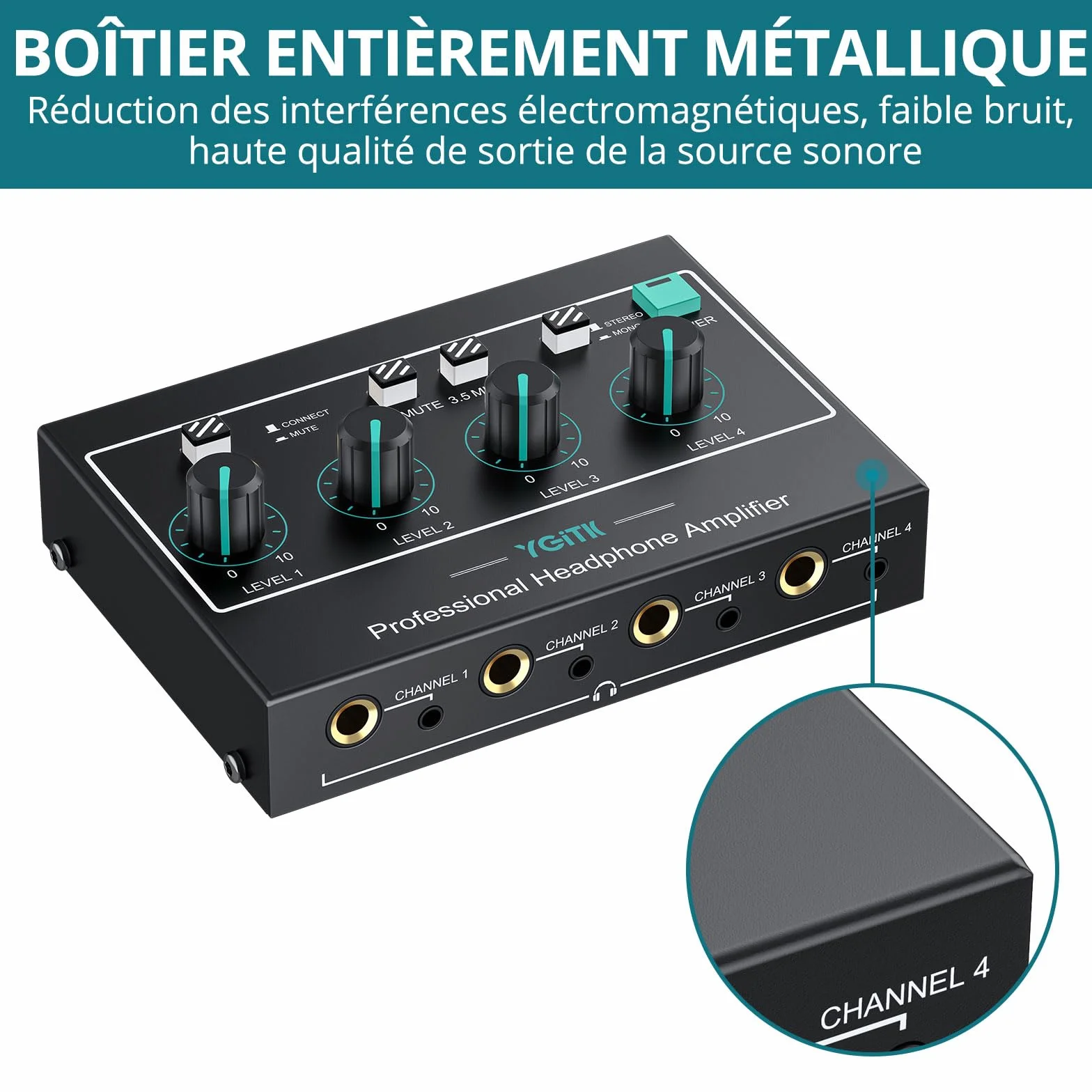 Amplificateur de Casque, Mono/Stéréo 4 Canaux Amplificateur Audio Professionnel, Séparateur de Casque Volume Indépendantes TRS 3,5 mm / 6,35 mm pour Scène Clavier de Guitare Basse