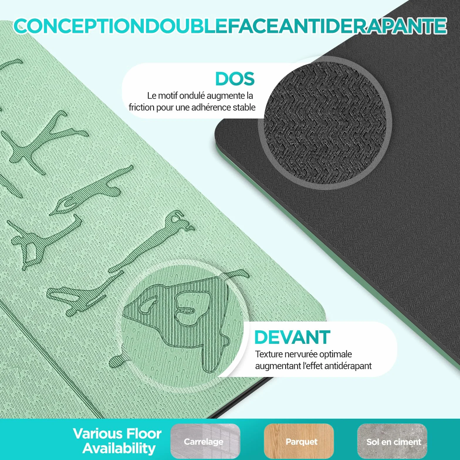 Tapis de yoga OUTDOUSE 70 postures imprimées TPE antidérapant 183x61x0,6cm