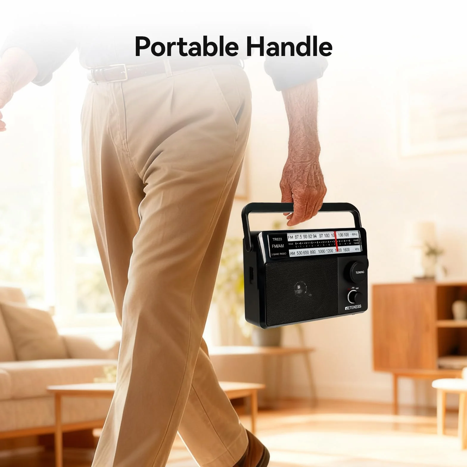 Retekess TR633 Radio Portable, Poste Radio, AM FM, Excellente Réception, Gros Boutons, Secteur ou Piles, Prise Casque 3,5 mm, Adapté aux Personnes âgées, Cuisine, Chambre