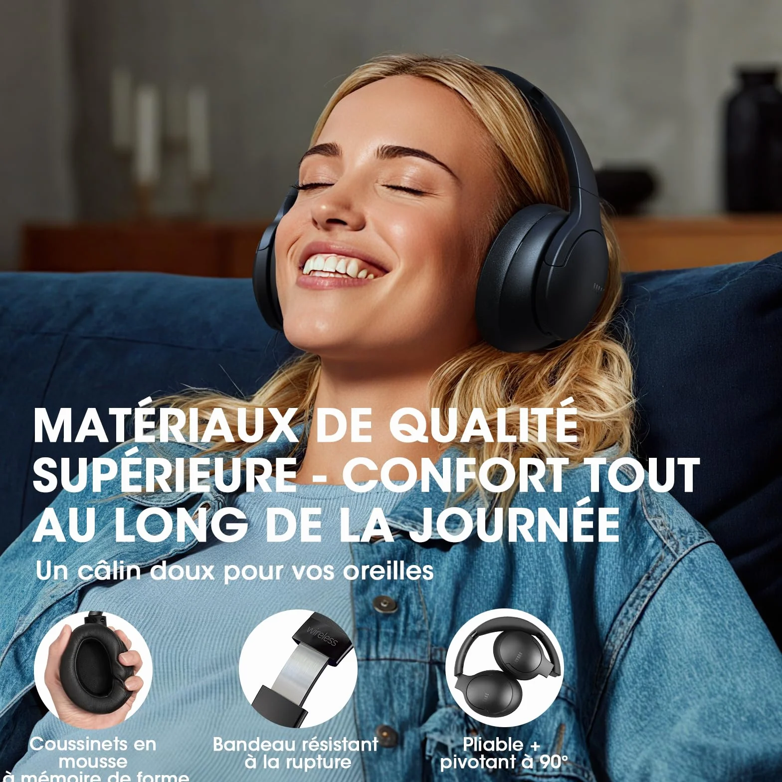 DOQAUS Casque Bluetooth sans Fil 90H Durée Lecture avec 3 Modes EQ Bluetooth 5.3, Casque Bluetooth,Cache-Oreilles protéines Souples,Casque sans Fil stéréo HiFi Microphone pour Voyage/Travail/Vie