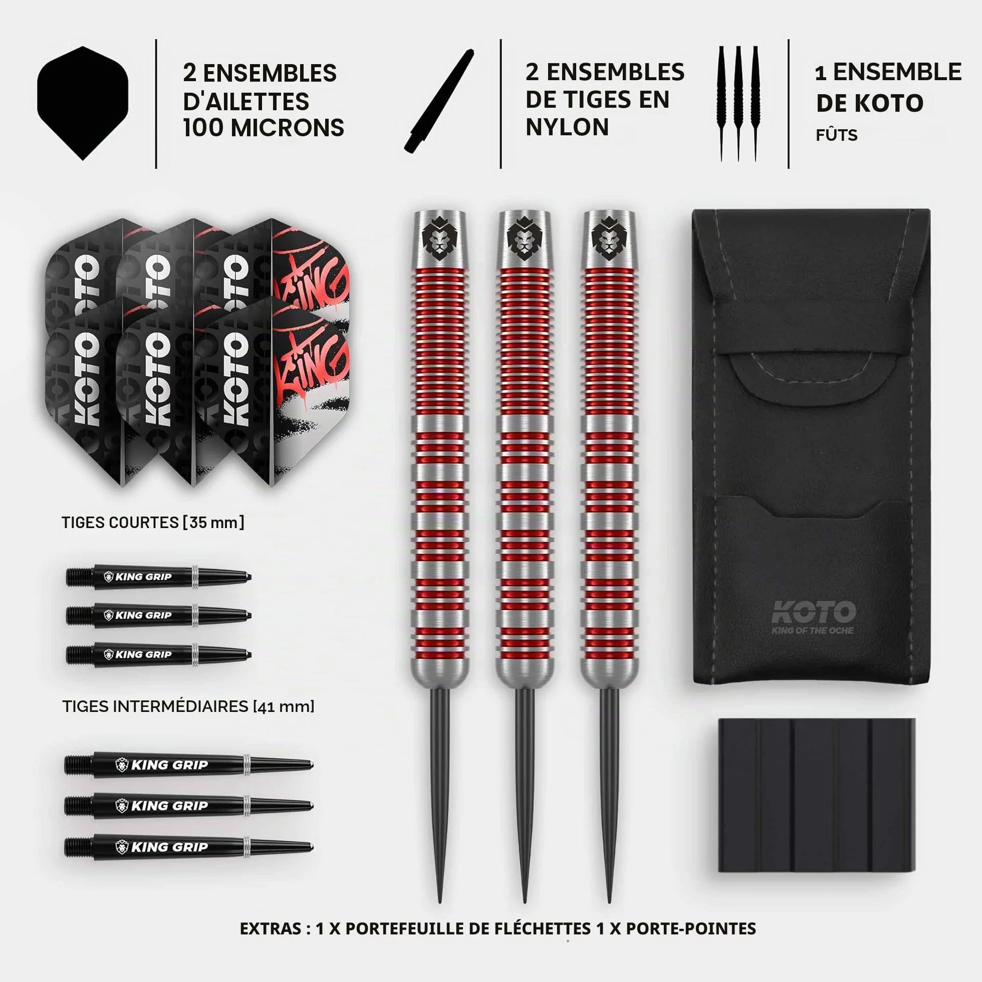 KOTO Lot de 3 fléchettes Tribute avec barils, ailettes, tiges et porte-fléchettes, grip fixe Argenté rouge
