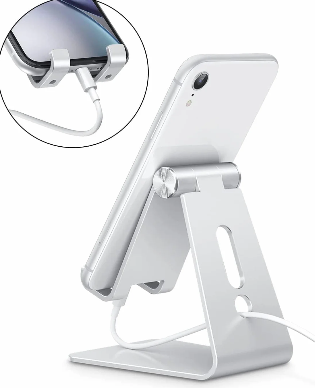 OMOTON, Support Téléphone Bureau Multi-Angles Réglable, Support Téléphone Portable en Aluminium Compatible avec iPhone 13 Pro/13/12 Pro Max/12/11 Pro/XR, Samsung S20/S10/S9, Argenté