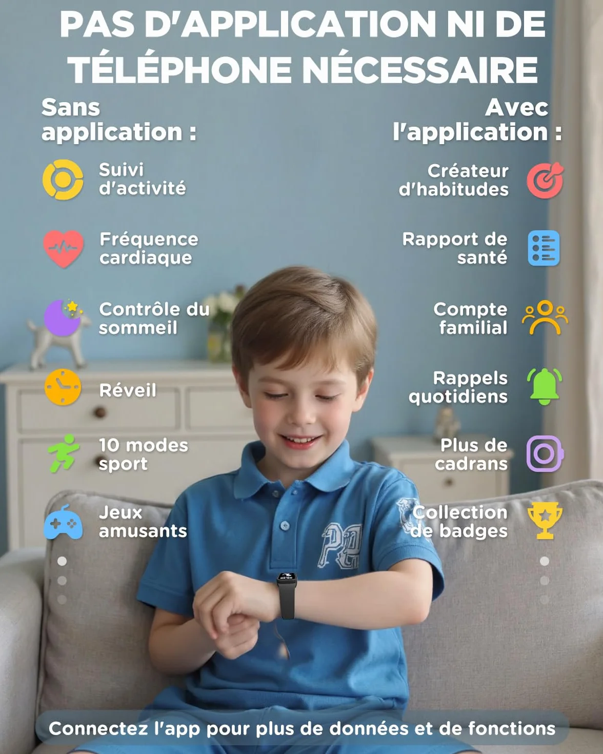 BIGGERFIVE Vigor 3 Montre Connectée Enfant Tracker d'Activité Écran AMOLED Étanche 3ATM Moniteur Fréquence Cardiaque Sommeil Noir