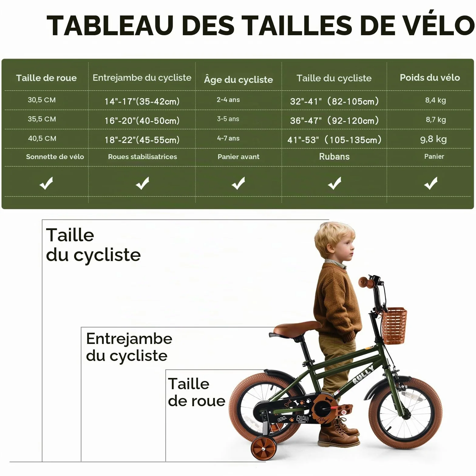 RULLY Vélo enfant 12-16 pouces avec roues stabilisatrices frein à rétropédalage frein à main panier
