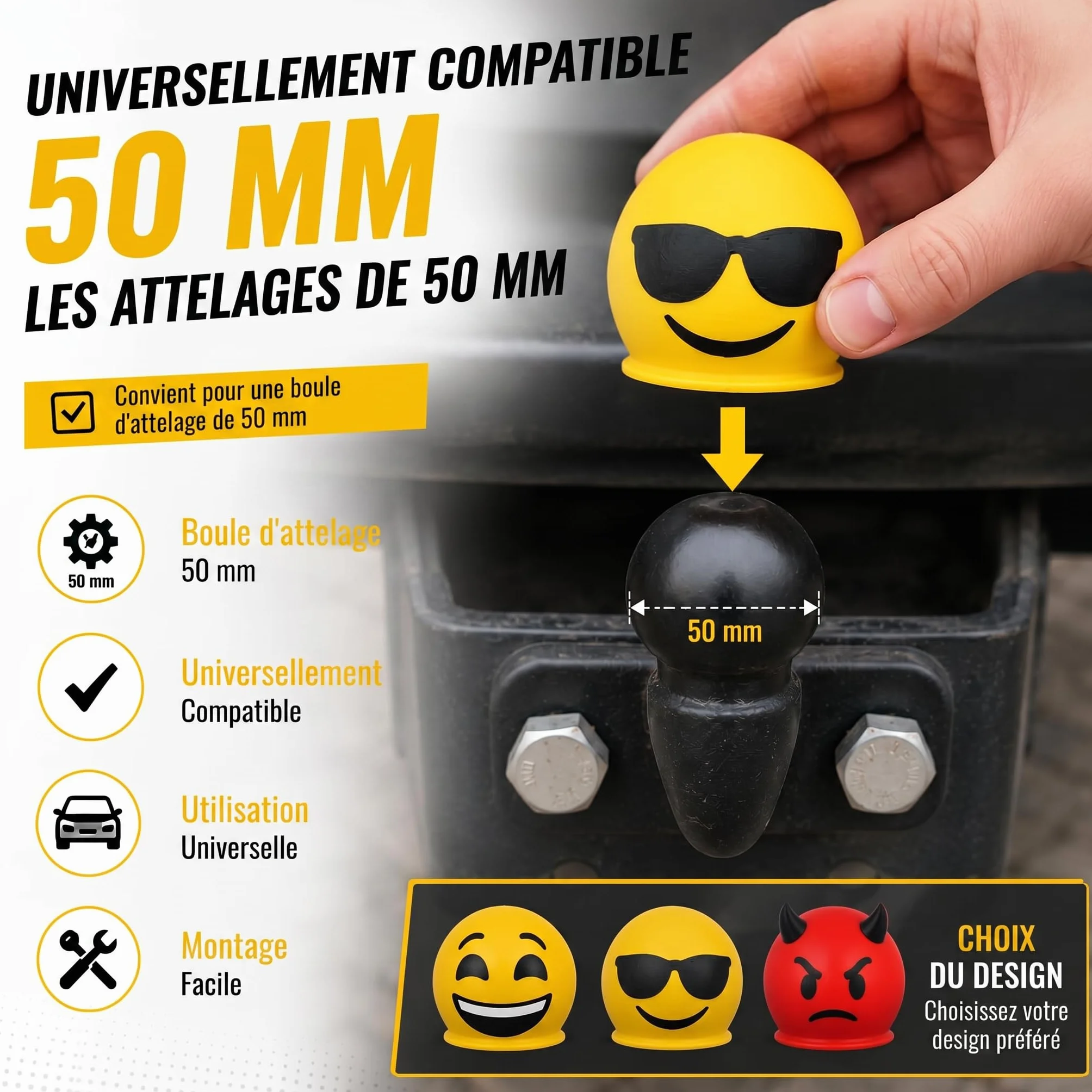 Couvercle d'attelage Smiley 50 mm - Capuchon de protection universel pour voiture, SUV, remorque