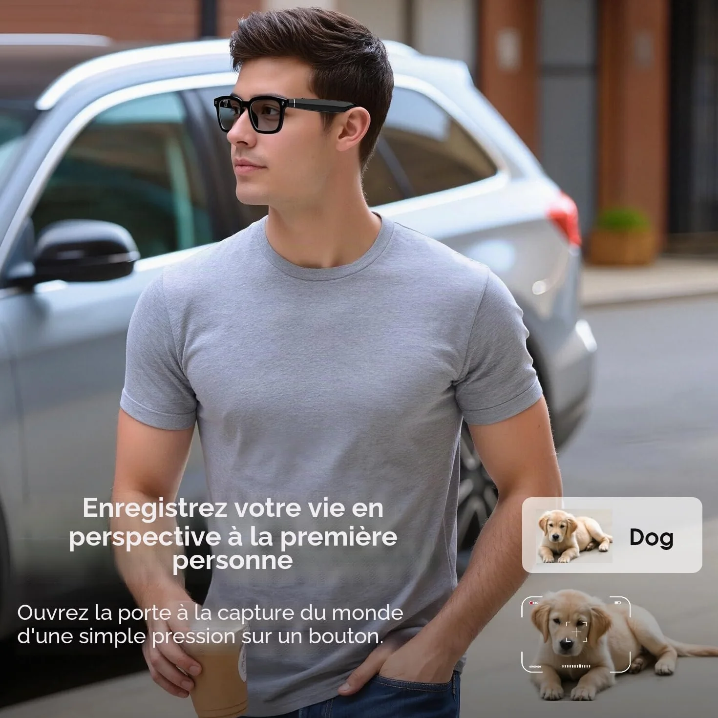 AI Smart Glasses Caméra HD 1200P avec 8 MP Anti-tremblement, lentilles photochromiques pour l'extérieur et Les Voyages, Enregistrement vidéo, Reconnaissance des Objets AI et intégration