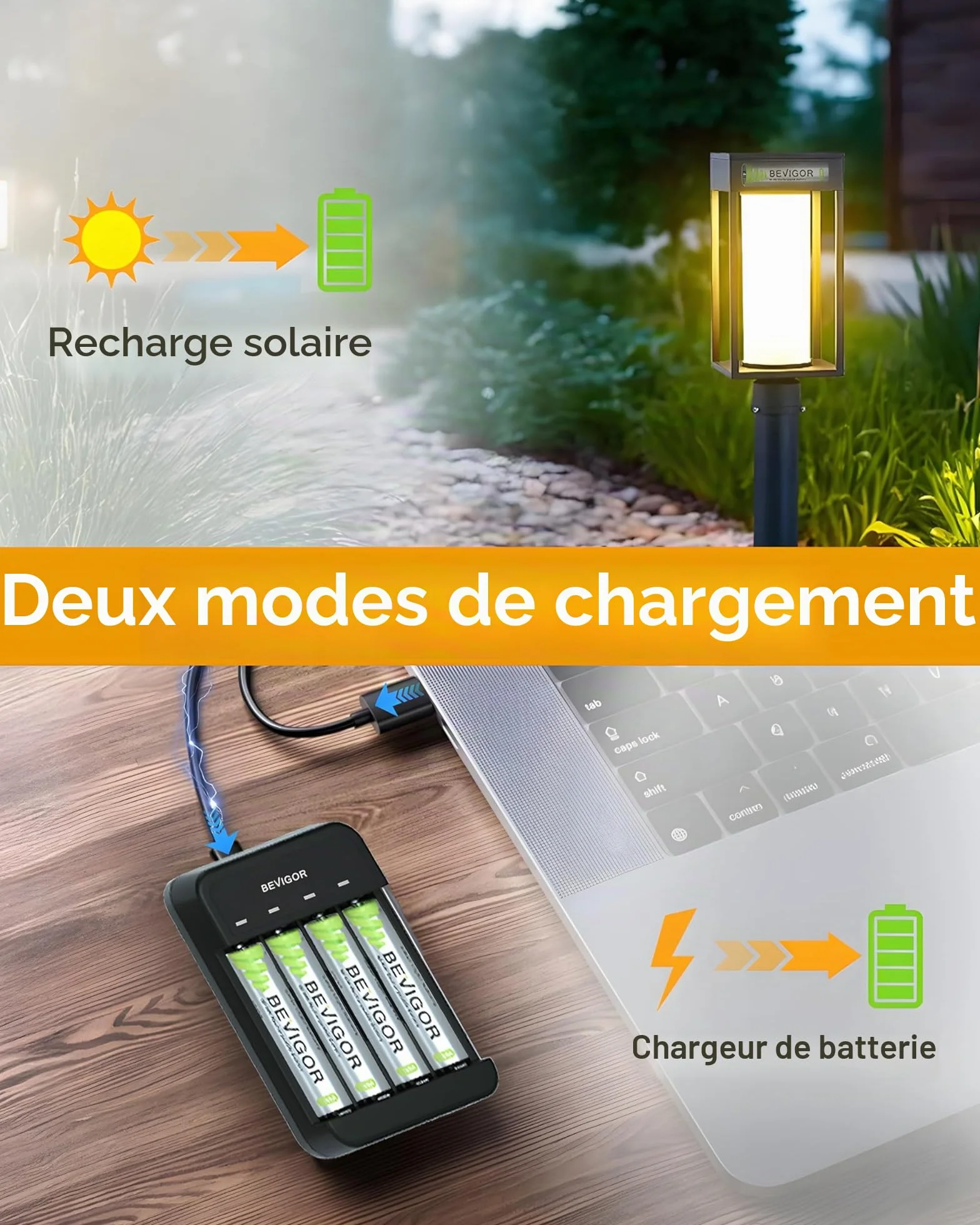 BEVIGOR Piles Rechargeables Solaires AA 1000mAh 1.2V NiMH pour Lampes Solaires Extérieures