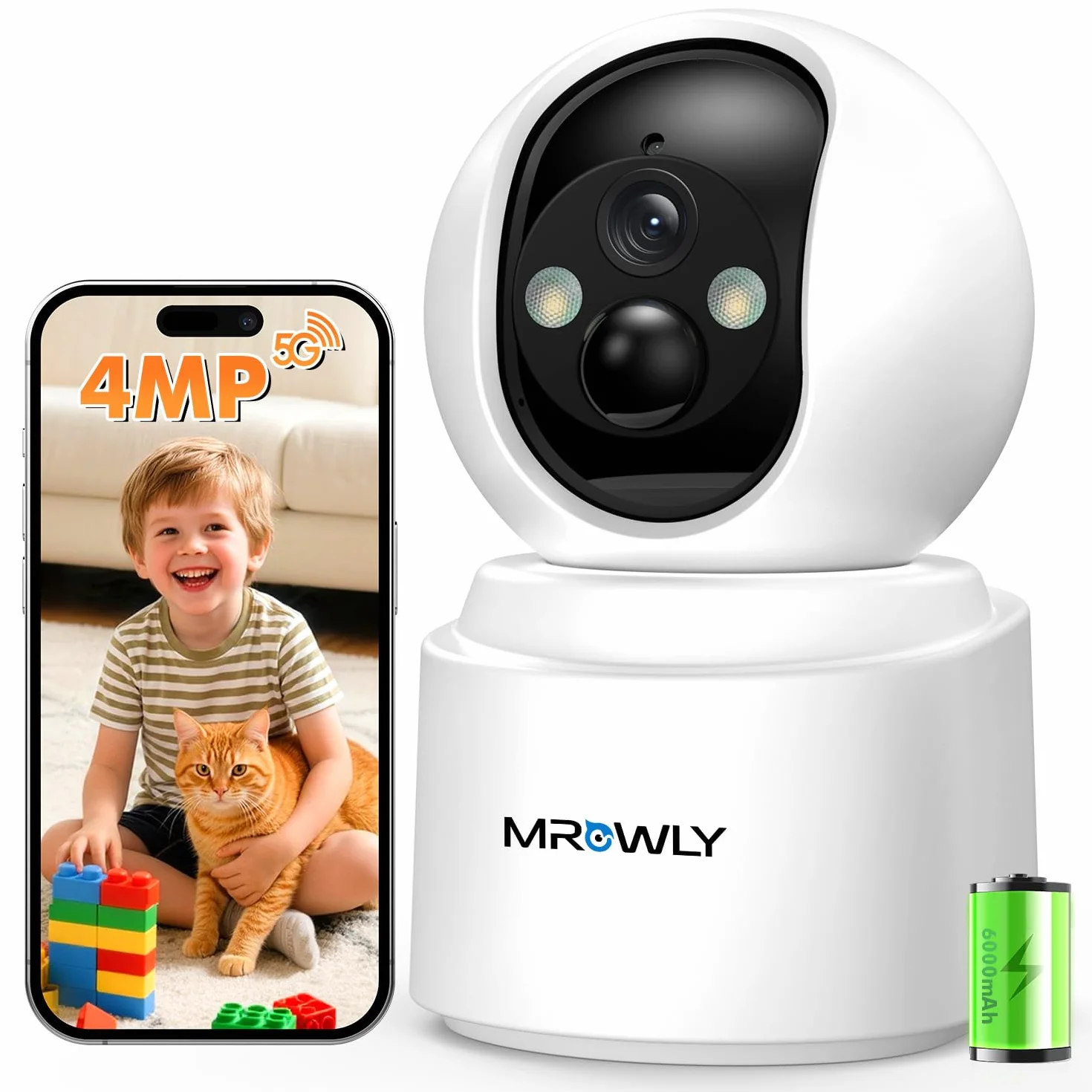 2.5K(4MP) Camera Surveillance WiFi Interieur sans Fil, 360° Caméra Interieur Batterie 6000mAh, 2.4G/5GHz, Vision Nocturne, Détecteur PIR, Audio Bidirectionnel pour Maison, Bébé et Animaux
