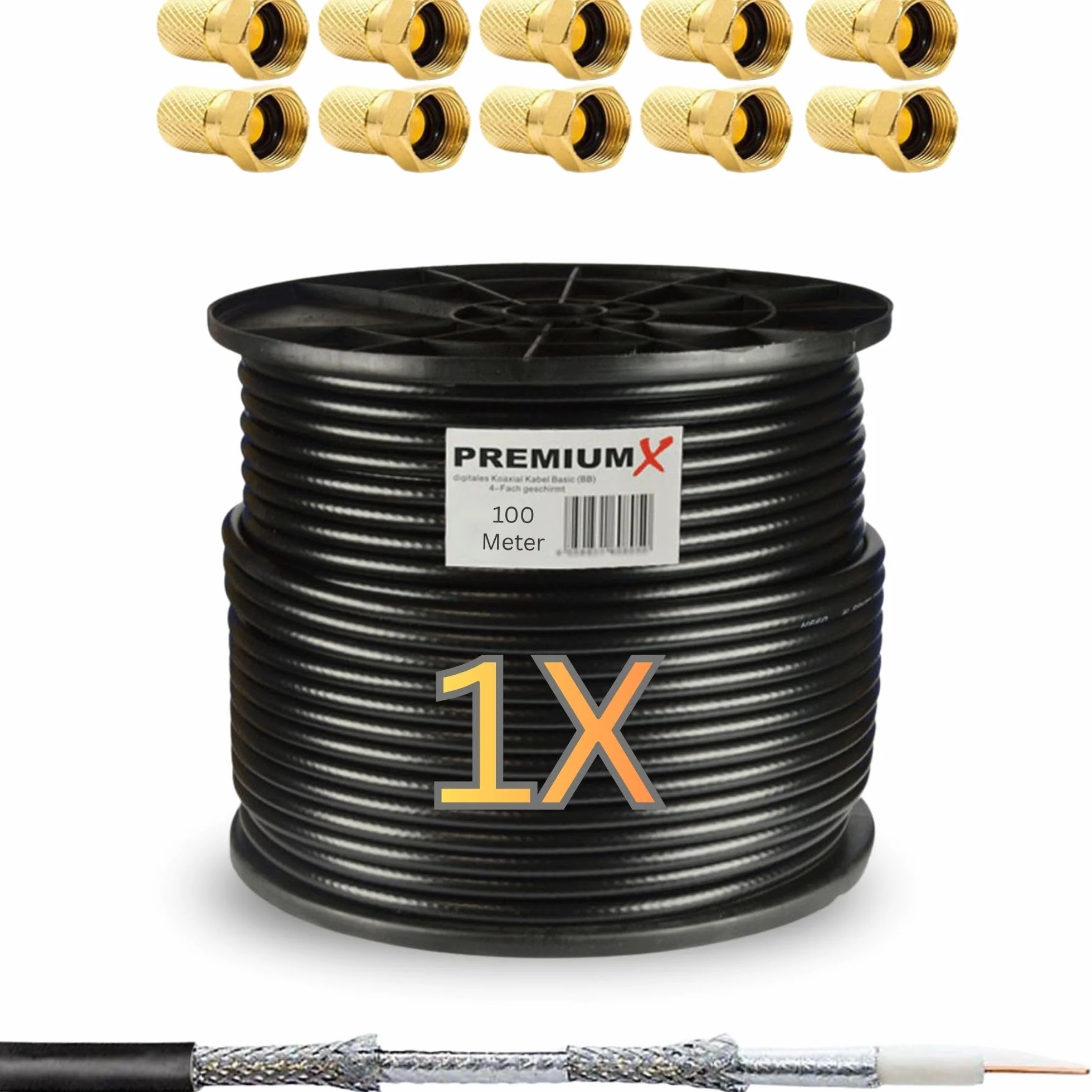 Premium X 100m SAT Koaxialkabel Set 135 dB 4-fach geschirmt - TV Antennenkabel 10 vergoldeten F-Steckern - DVB-S2/C/T2-4K UHD HDTV - wetterfest & UV-beständig Innen & Außen - 100% Signalqualität