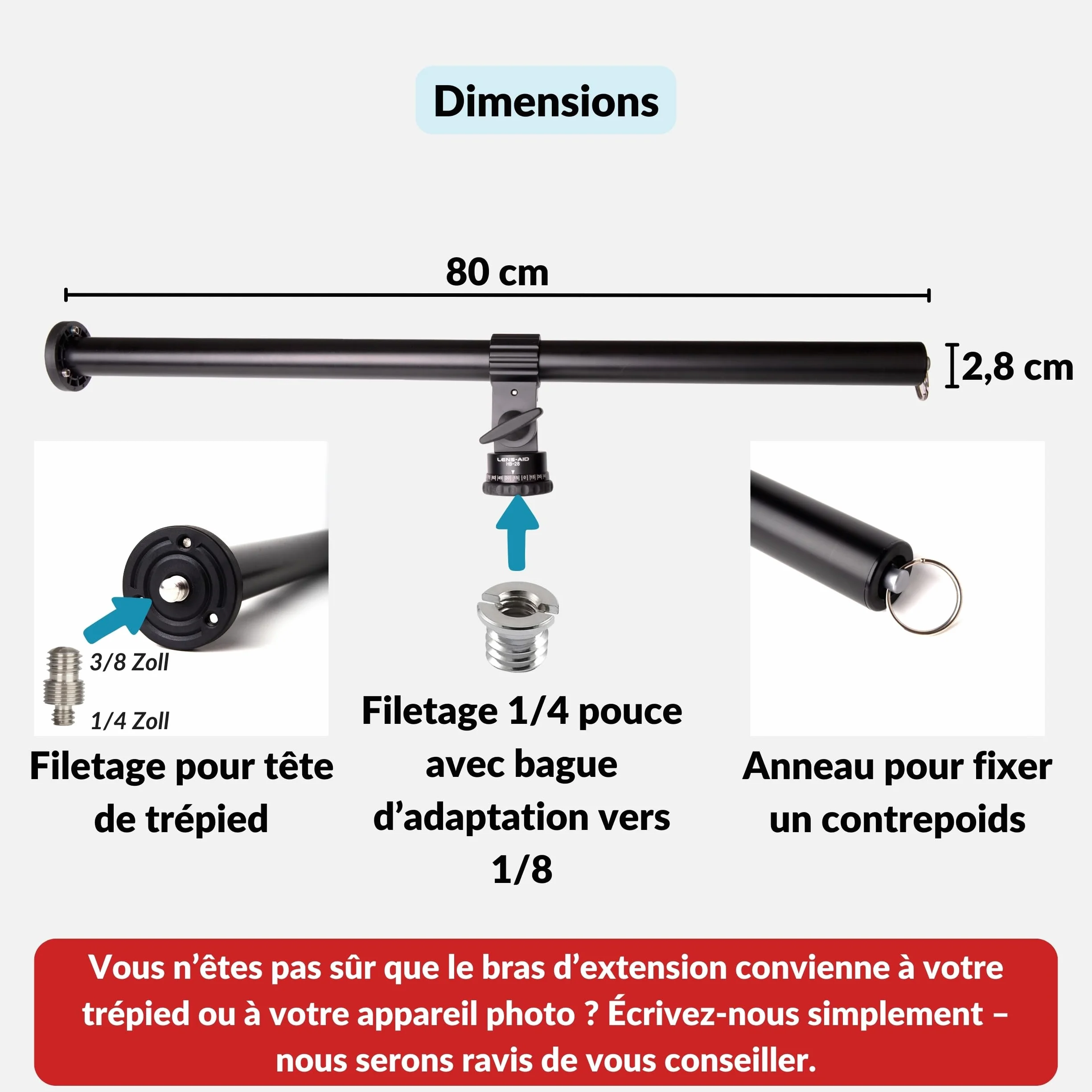 Lens-Aid Bras d'extension pour trépied d'appareil photo : barre transversale réglable pour photos en studio et macrophotographie