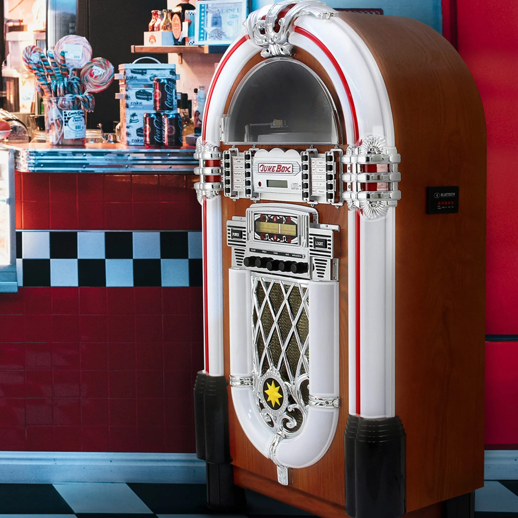 Jukebox Style Rétro Années 50 avec Éclairages LED Couleurs Changeantes, Bluetooth, AUX, Lecteur CD, Radio AM/FM