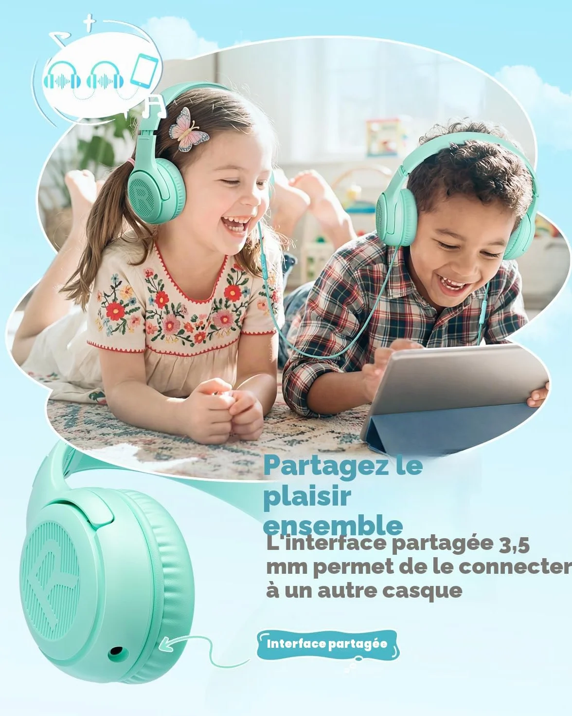 awatrue Casque Audio Enfant, Casque Enfant Filaire avec Volume Limité 85/94db, Fil 3.5 Mm, Pliable, Partager l’Audio, Micro Integré pour Ipad/Voyage/Tablette/Téléphone, Vert
