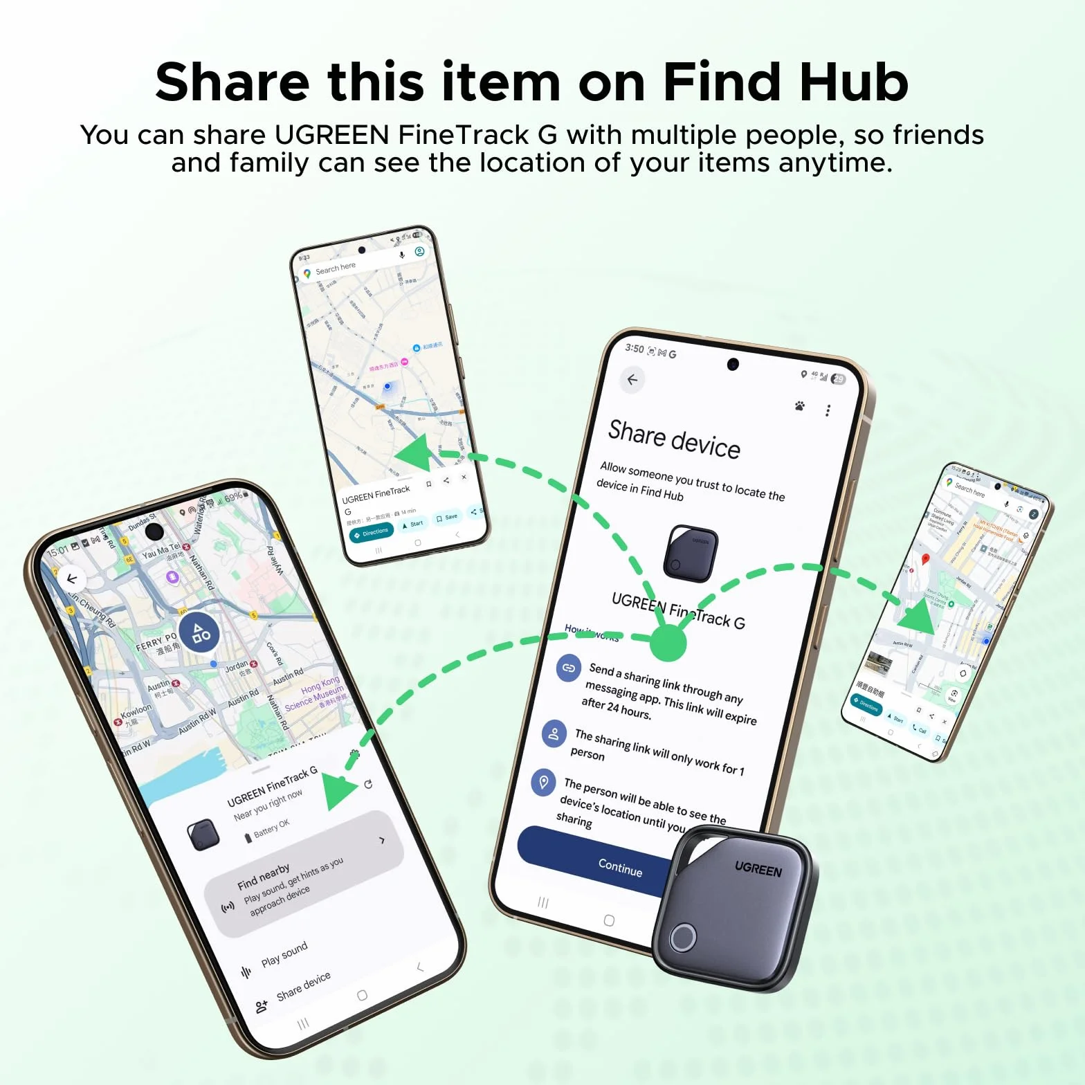 UGREEN FineTrack G Tag Traceur Fonctionne avec Find Hub Android Uniquement Chargement USB C Localisateur Objets Bluetooth pour Clés Valises Portefeuilles Wallet Bagages Sacs avec Câble USB C Lot de 4