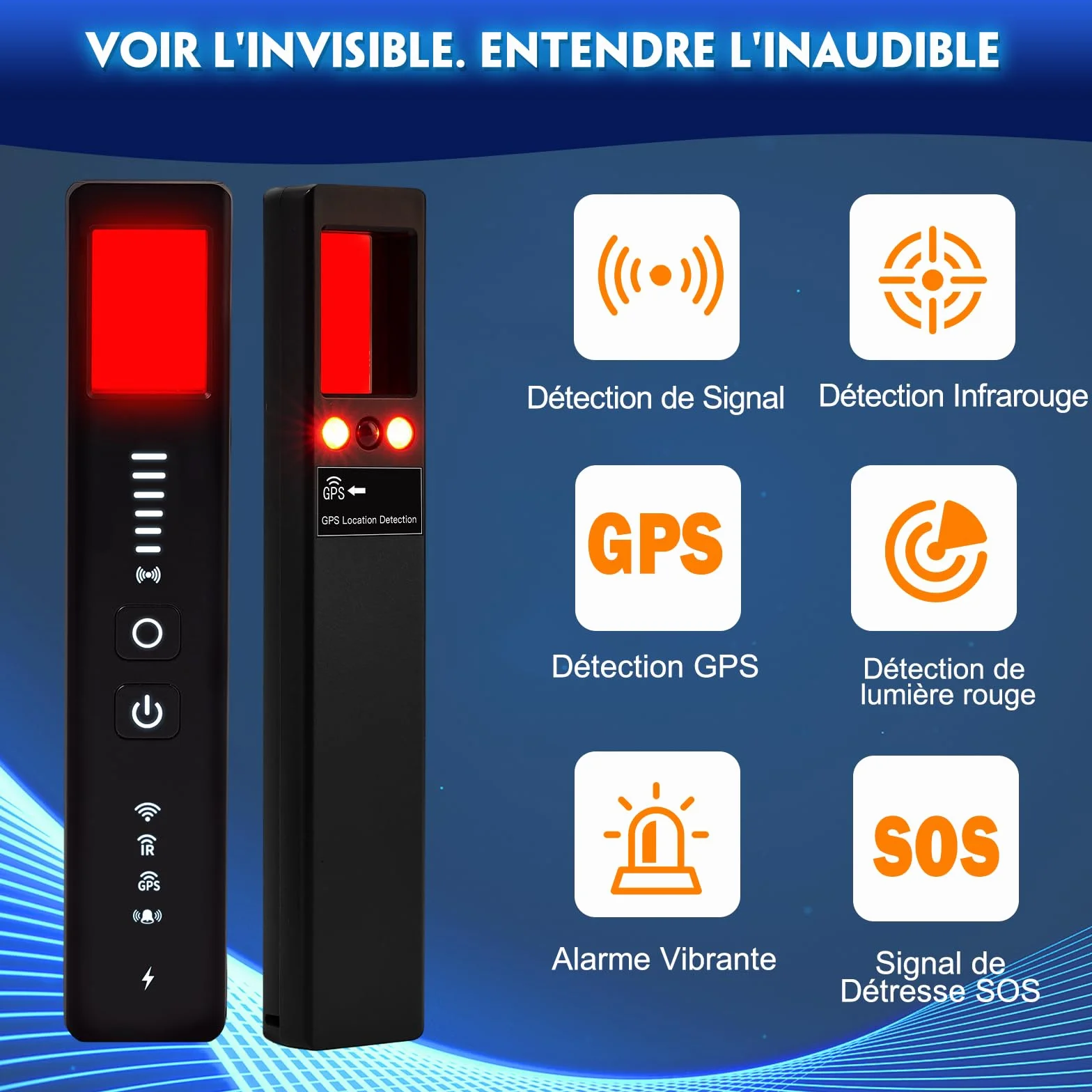 Détecteur de Caméra Cachée 5 en 1 – Détecteur de Micro Espion, Détecteur de Micros GPS, Détecteur RF sans Fil, 6 Niveaux de Sensibilité, Alarme de Sécurité pour Maison, Bureau, Hôtel