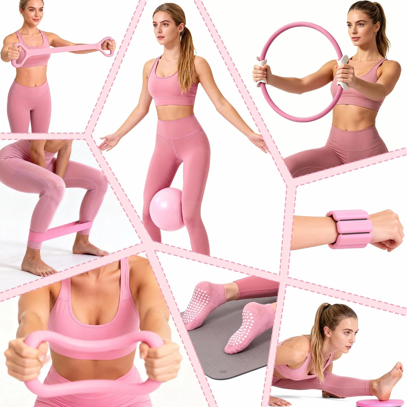 Kit Pilates 14PCS Rose – Kit Pilates Maison avec Anneau, Ballon, Bandes de Résistance – Set Entraînement Complet