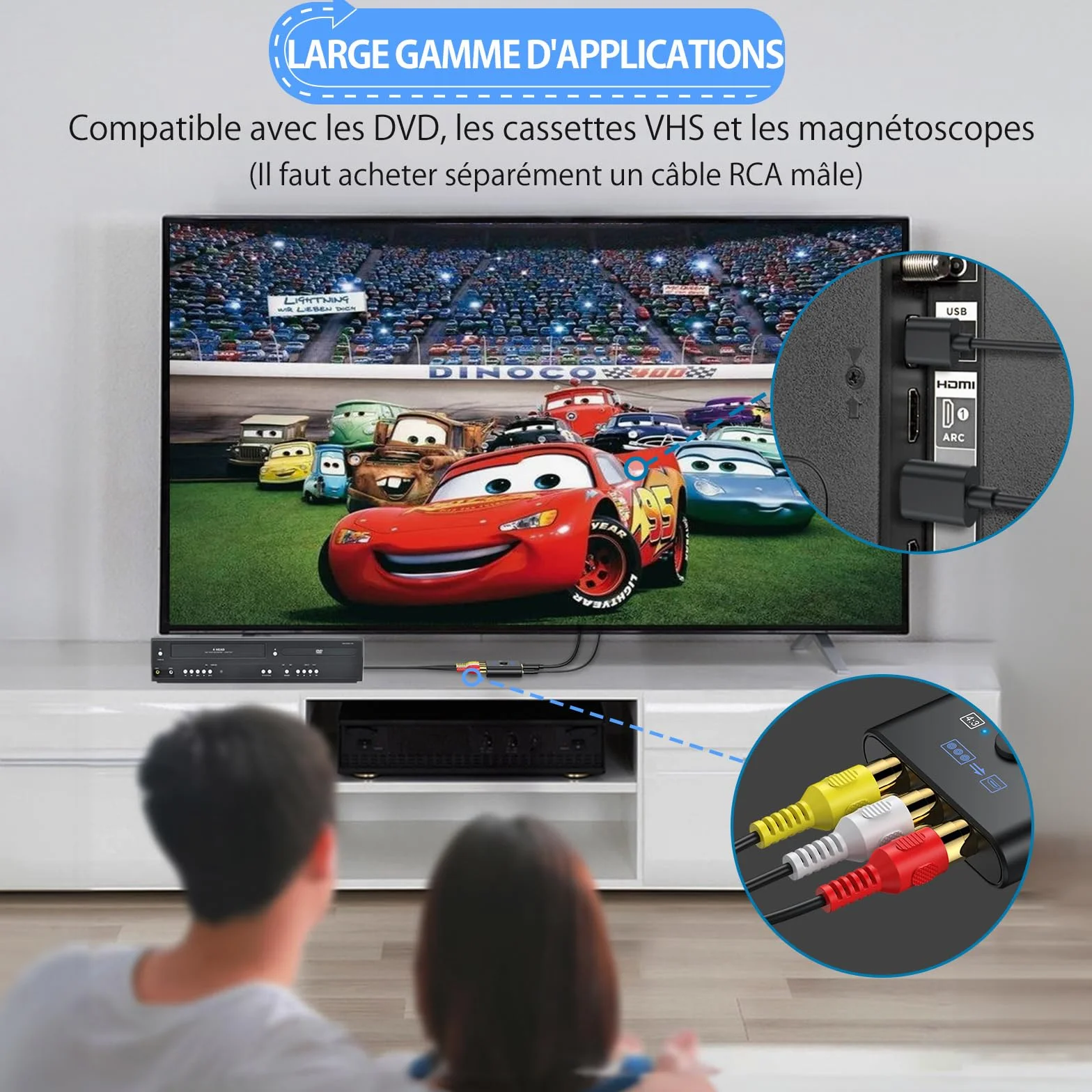 CAMWAY Convertisseur AV vers HDMI avec Câble 50cm Adaptateur RCA vers HDMI 1080P/720P (60Hz) pour PS1/PS2/Wii/N64 Commutateur 4:3/16:9 Exclusif Plug & Play Compatible Téléviseurs/Moniteurs
