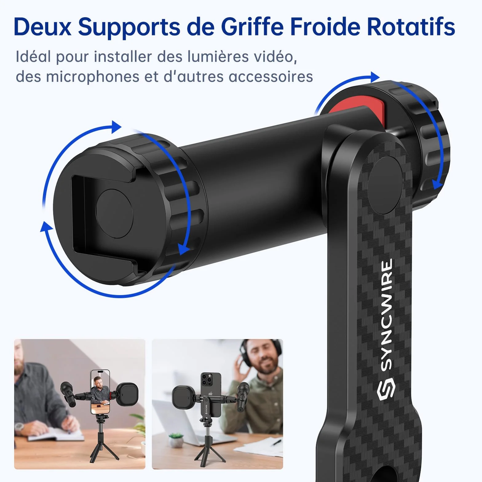 SYNCWIRE Adaptateur Trépied Smartphone avec 2 Sabots Froids, Vis 1/4", Rotatif 360°