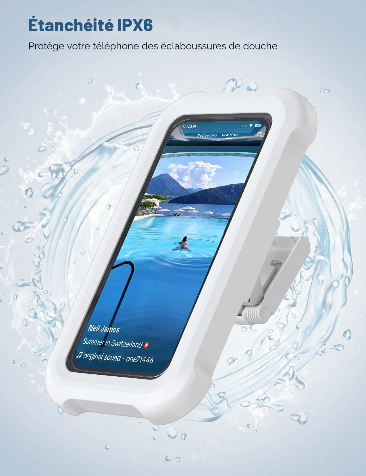 Lamicall Support de Téléphone de Douche Étanche, Étui Boîtier de Téléphone Étanche pour Mural - [360°Rotation & 120°Réglable] 3 Crochets Muraux Adhésifs, Support Mural de Bain pour 4 à 7" Smartphone