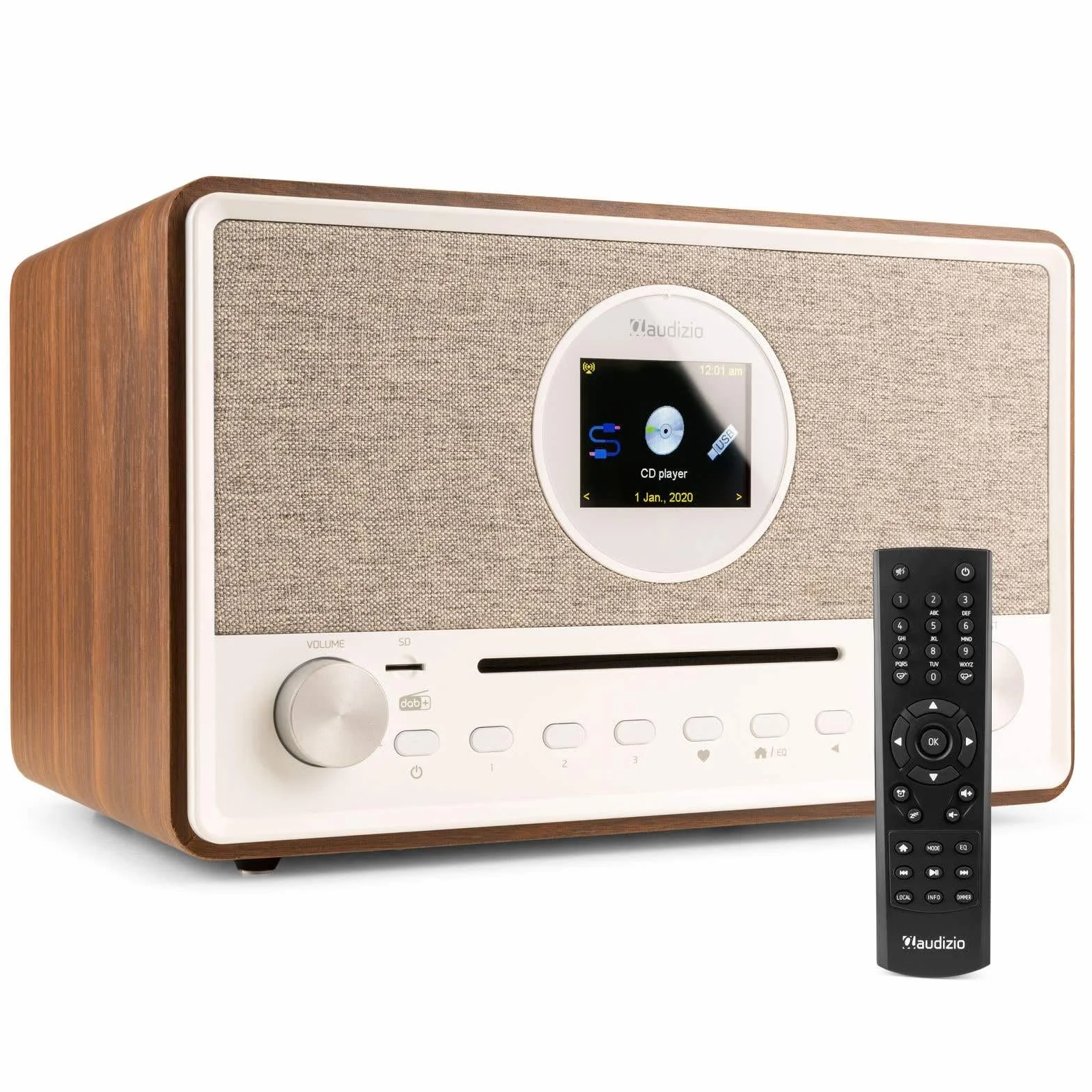 Audizio Lucca Radio Dab+ Internet Wi-FI 60W - Bois, Écran LCD 2,8", Bluetooth 5.0, CD, Deux Haut-Parleurs, Sortie Casque, Télécommande Incluse, Idéale pour Écouter la Radio à la Maison