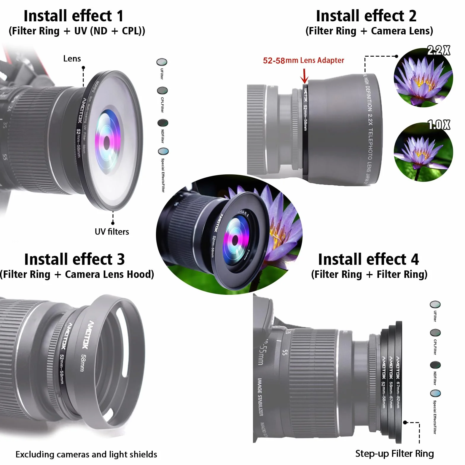 Bague d'adaptation de filtre Step Up de 52 mm à 58 mm, compatible avec objectif 52 mm vers 58 mm (accessoire de filtre UV-CPL-ND)