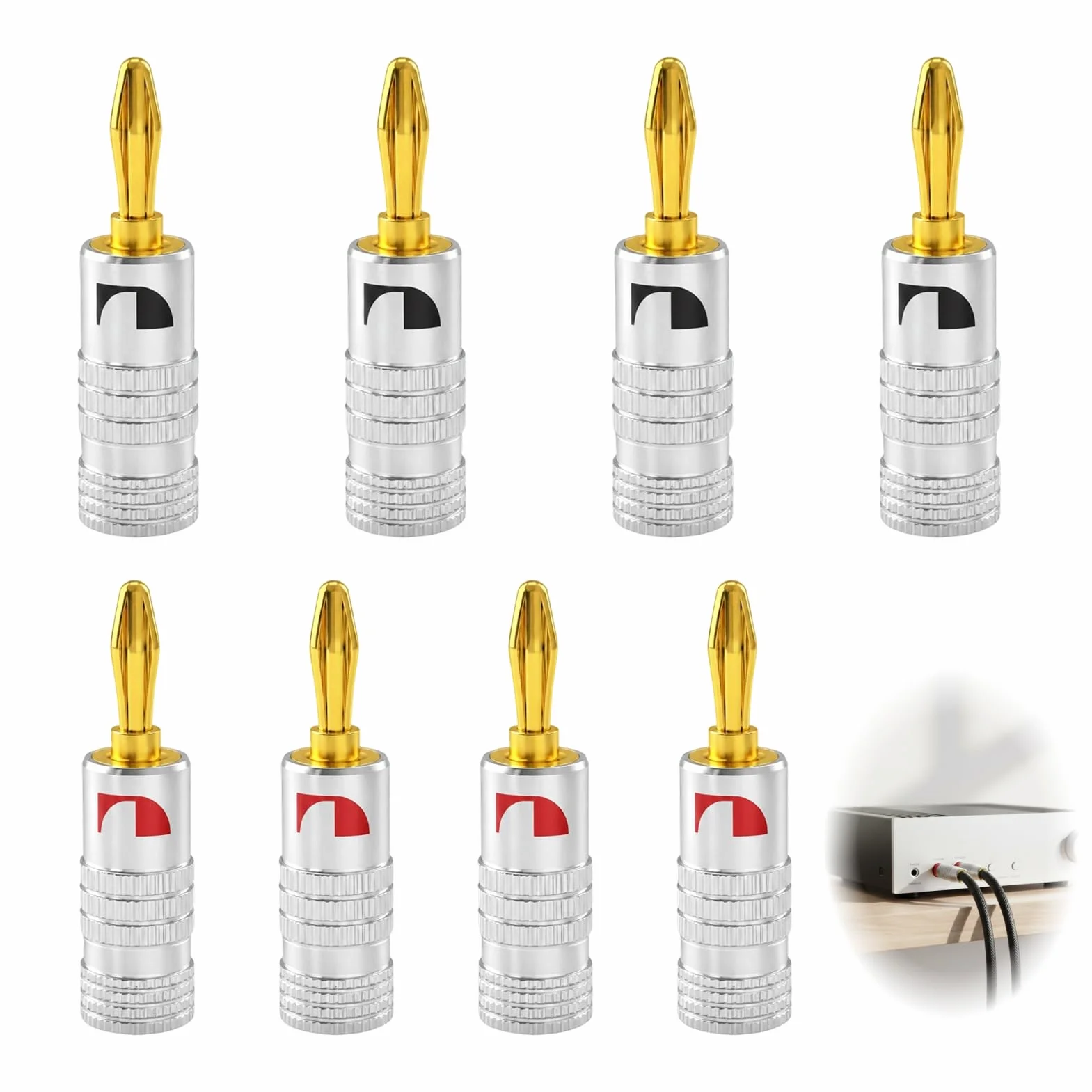 8PCS Fiche Banane 4mm pour Câble Enceinte, Fiche Banane Enceinte Connecteurs pour Enceintes Plaqués Or sans Soudure, Fiches Banane HiFi pour Haut-Parleur et Amplificateur, Banane Connecteur Audio