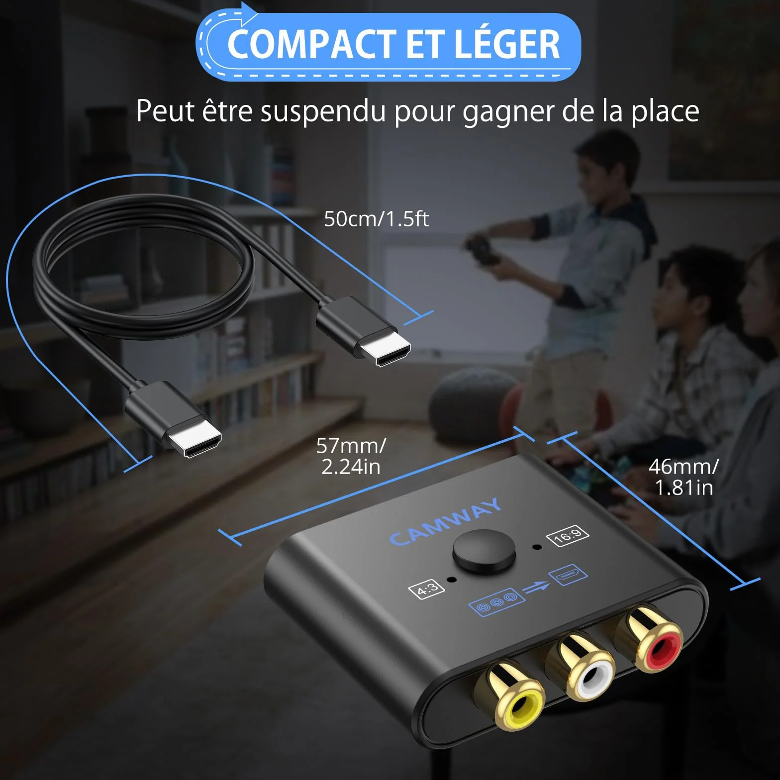 CAMWAY Convertisseur AV vers HDMI avec Câble 50cm Adaptateur RCA vers HDMI 1080P/720P (60Hz) pour PS1/PS2/Wii/N64 Commutateur 4:3/16:9 Exclusif Plug & Play Compatible Téléviseurs/Moniteurs