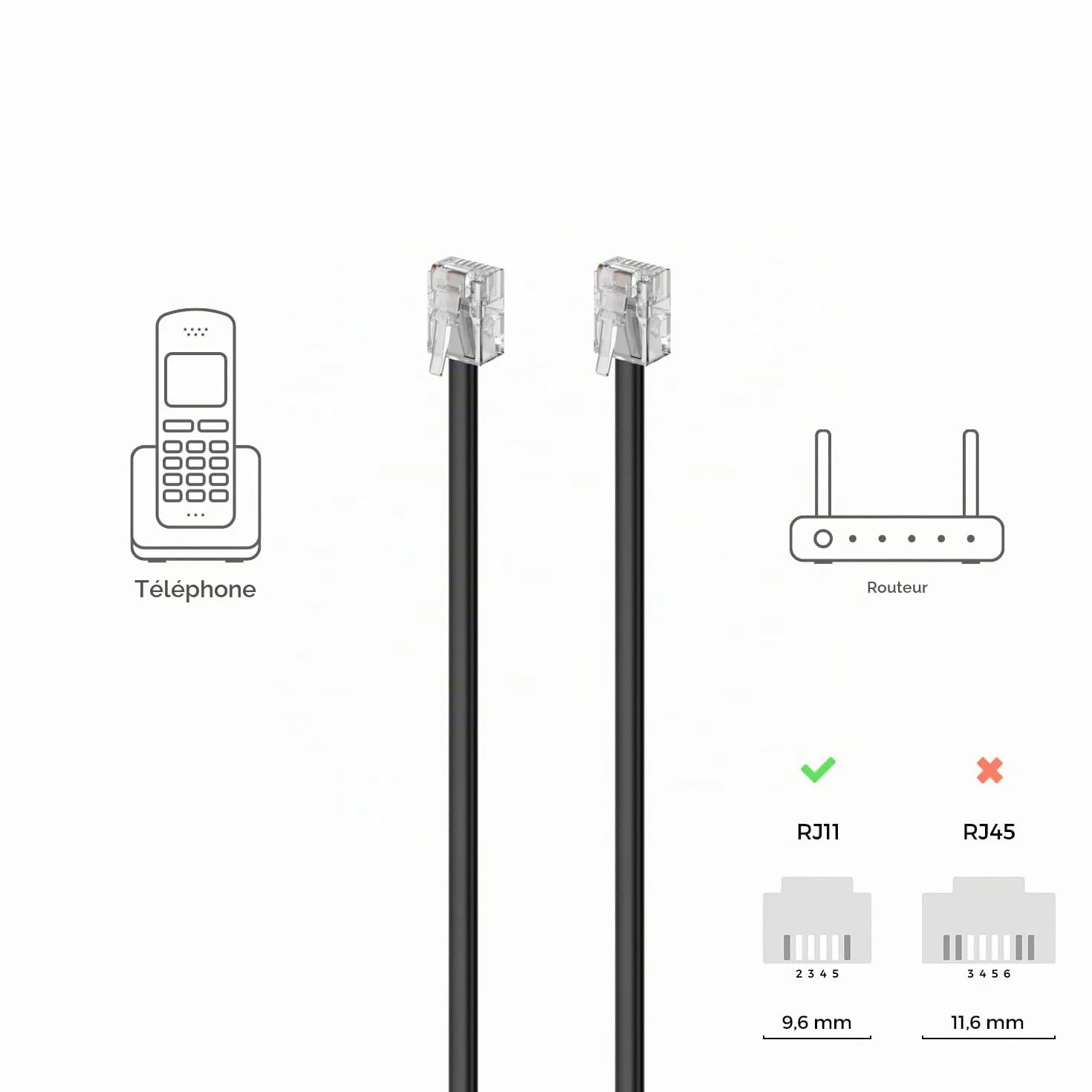 deleyCON 0,5m Câble Téléphone RJ11 Modulaire 6P4C Western 2x Fiche RJ11 Plat Noir