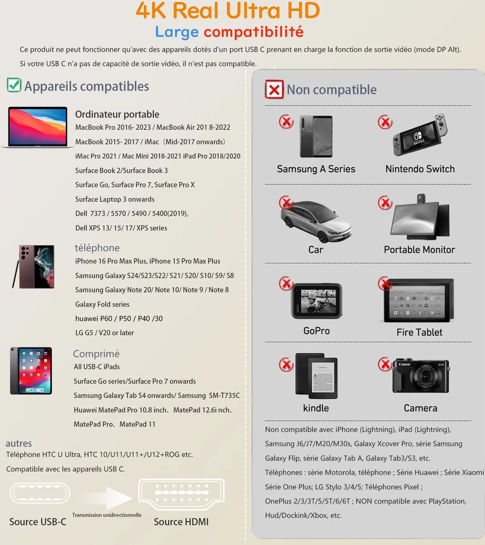 Adaptateur USB C vers HDMI 4K UHD, Câble HDMI USB C 3M, Compatible Thunderbolt 3/4