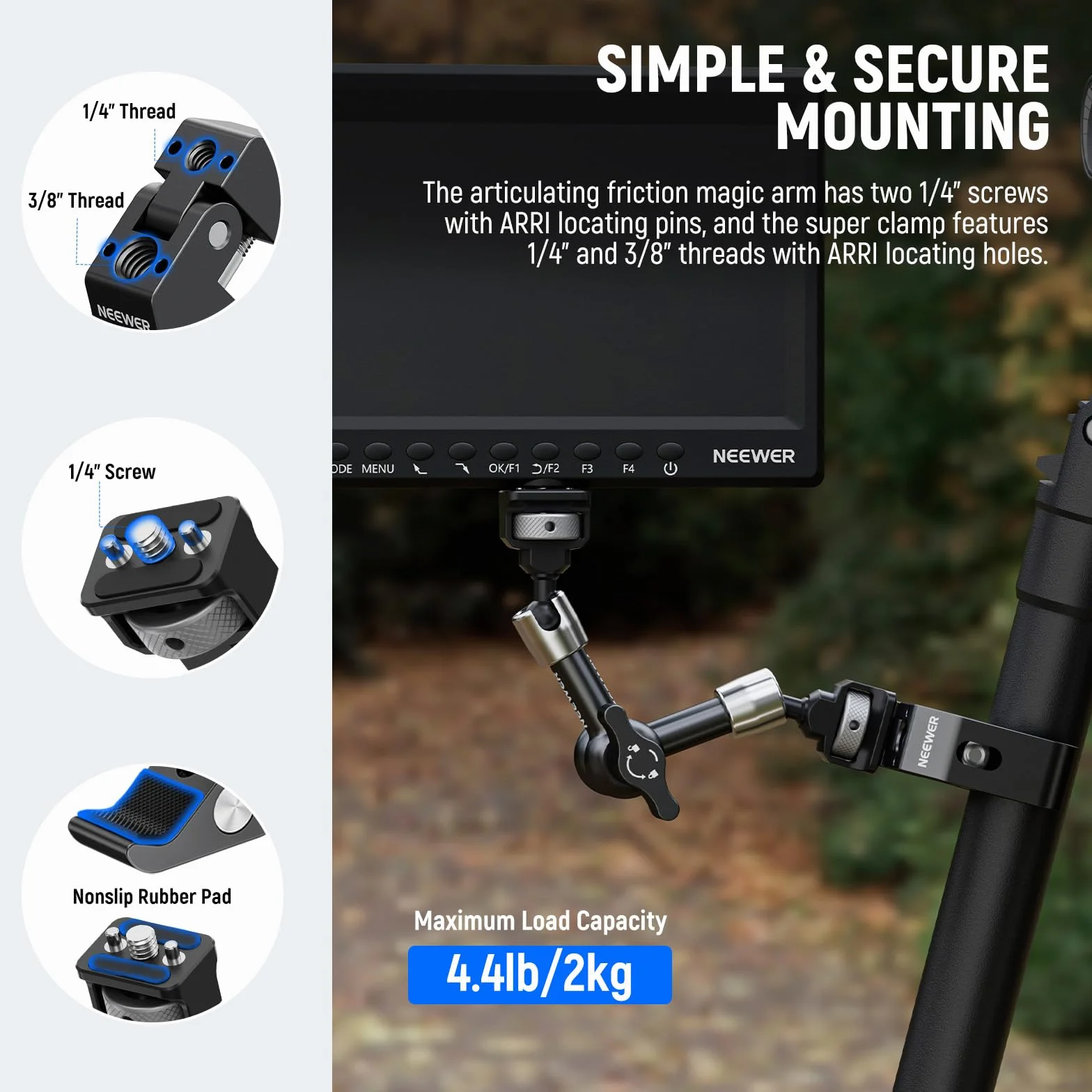 NEEWER Bras Magique Articulé 7" avec Super Pince, Support pour Moniteur Caméra avec Goupilles&Trou Positionnement Arri 1/4" 3/8" pour DSLR Action Cam Éclairage Compatible avec SmallRig Cage, ST07C