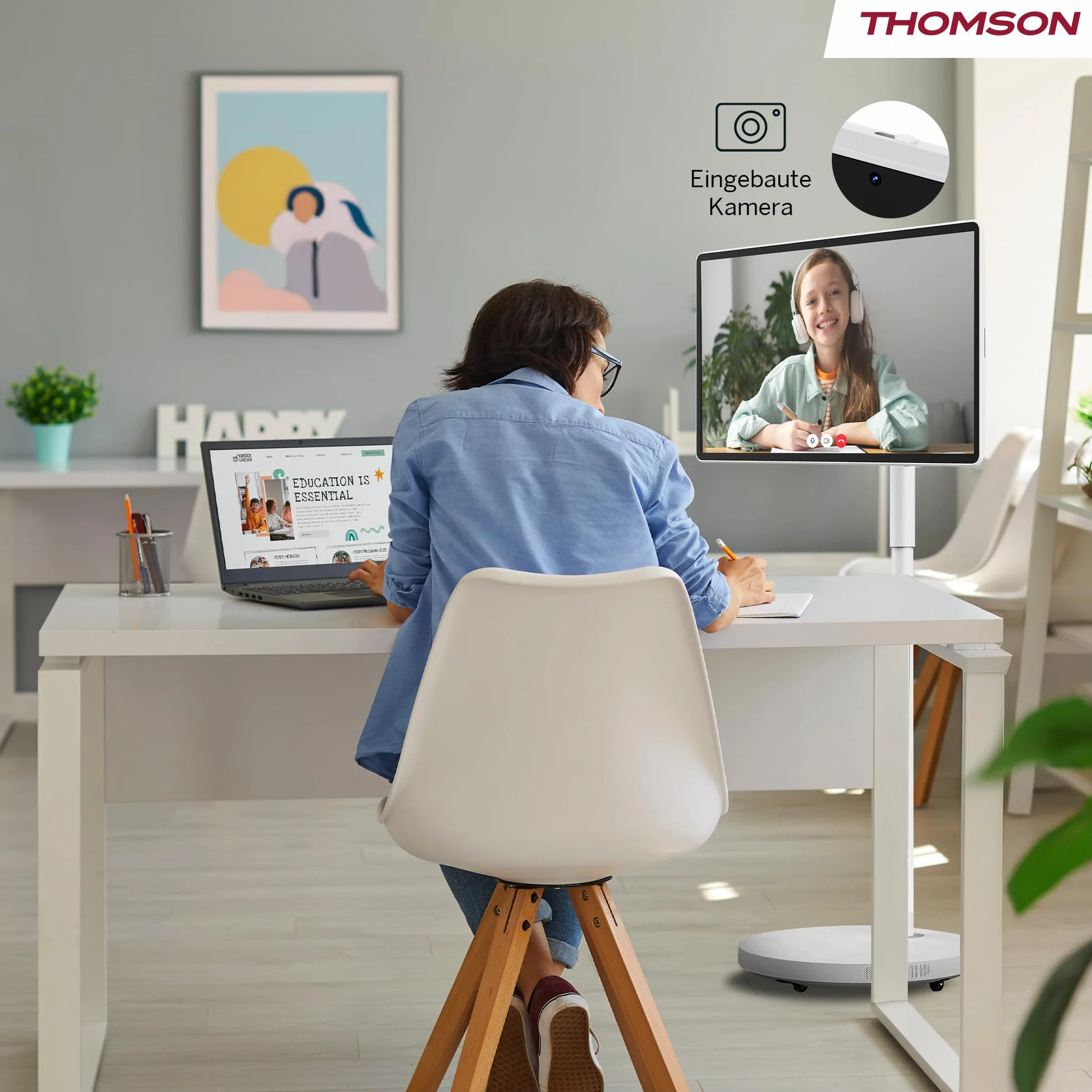 THOMSON Go Plus Pro Écran Tactile Intelligent 27 Pouces (69 cm) FHD Android Commande Vocale Hotspot Caméra 5MP Caisson de Basses WiFi 6 Bluetooth Batterie 4 Heures Support Portable