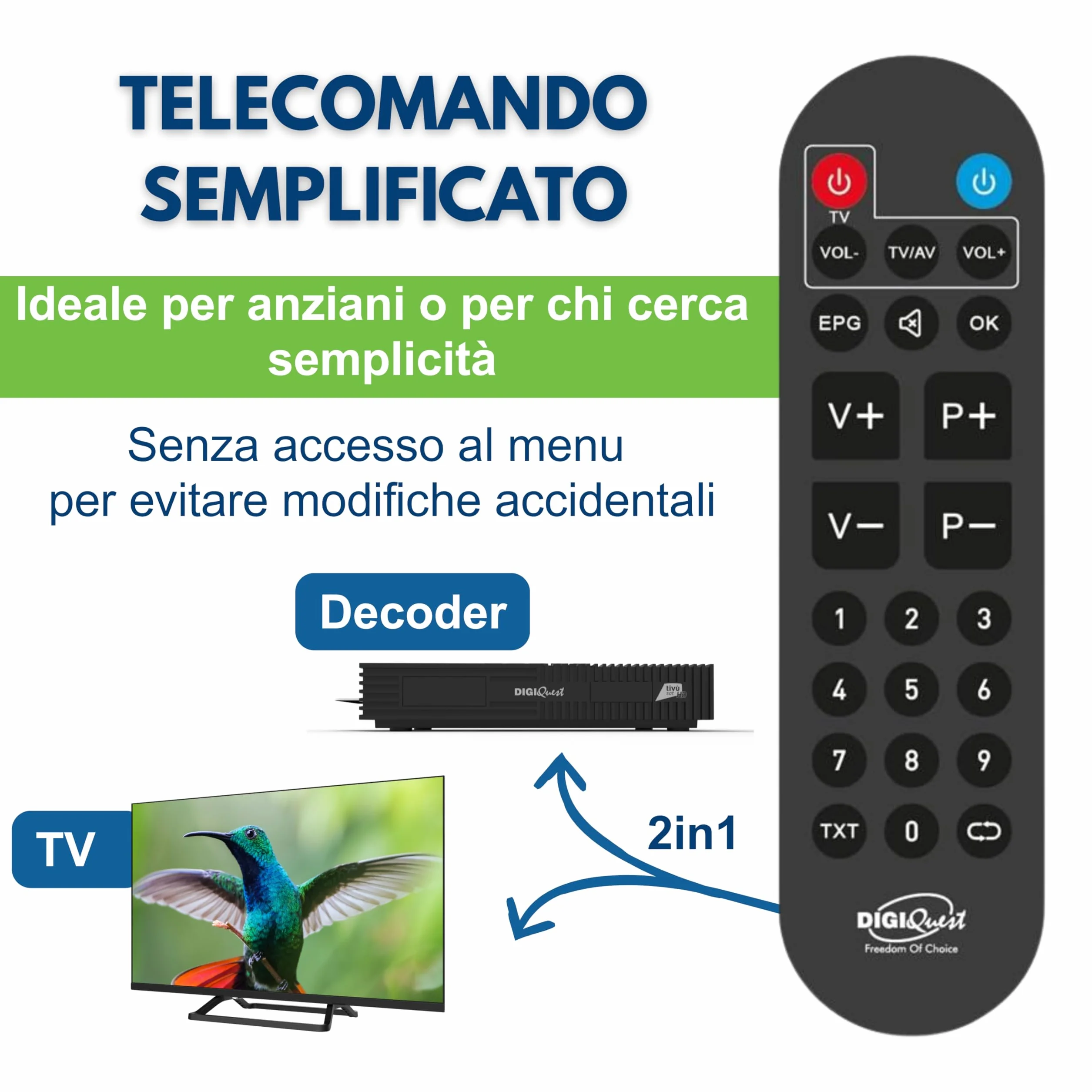 DIGIQUEST Décodeur Tivùsat Ti9, DVB-S2 | VOITURE INSTALLANTE | Double télécommande 2 en 1 dont une avec grandes touches | Carte intelligente Tivùsat incluse | HDR |Fonction d'enregistrement activable