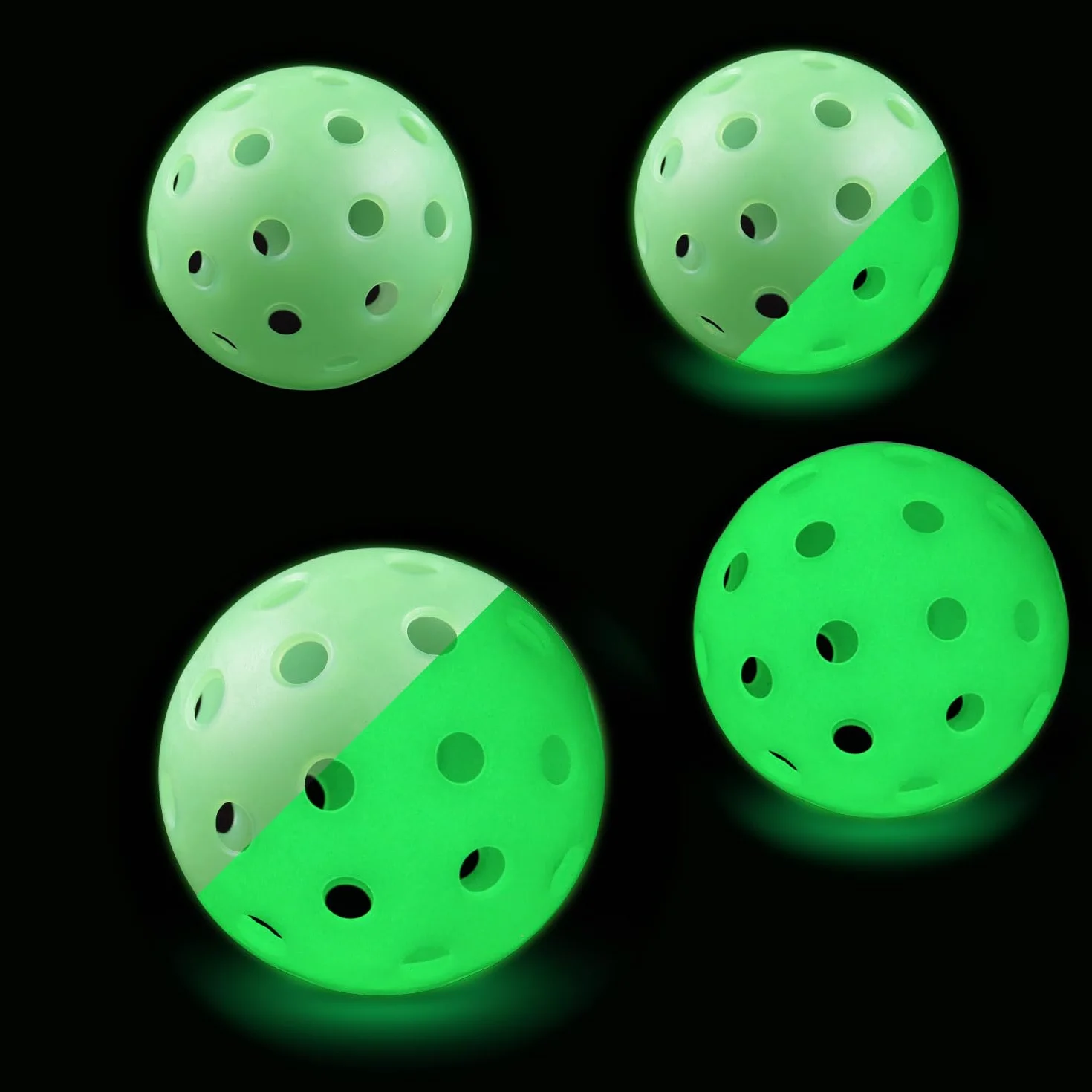Lot de 4 balles de pickleball phosphorescentes UV vert fluorescent 40 trous norme USAPA durable extérieur