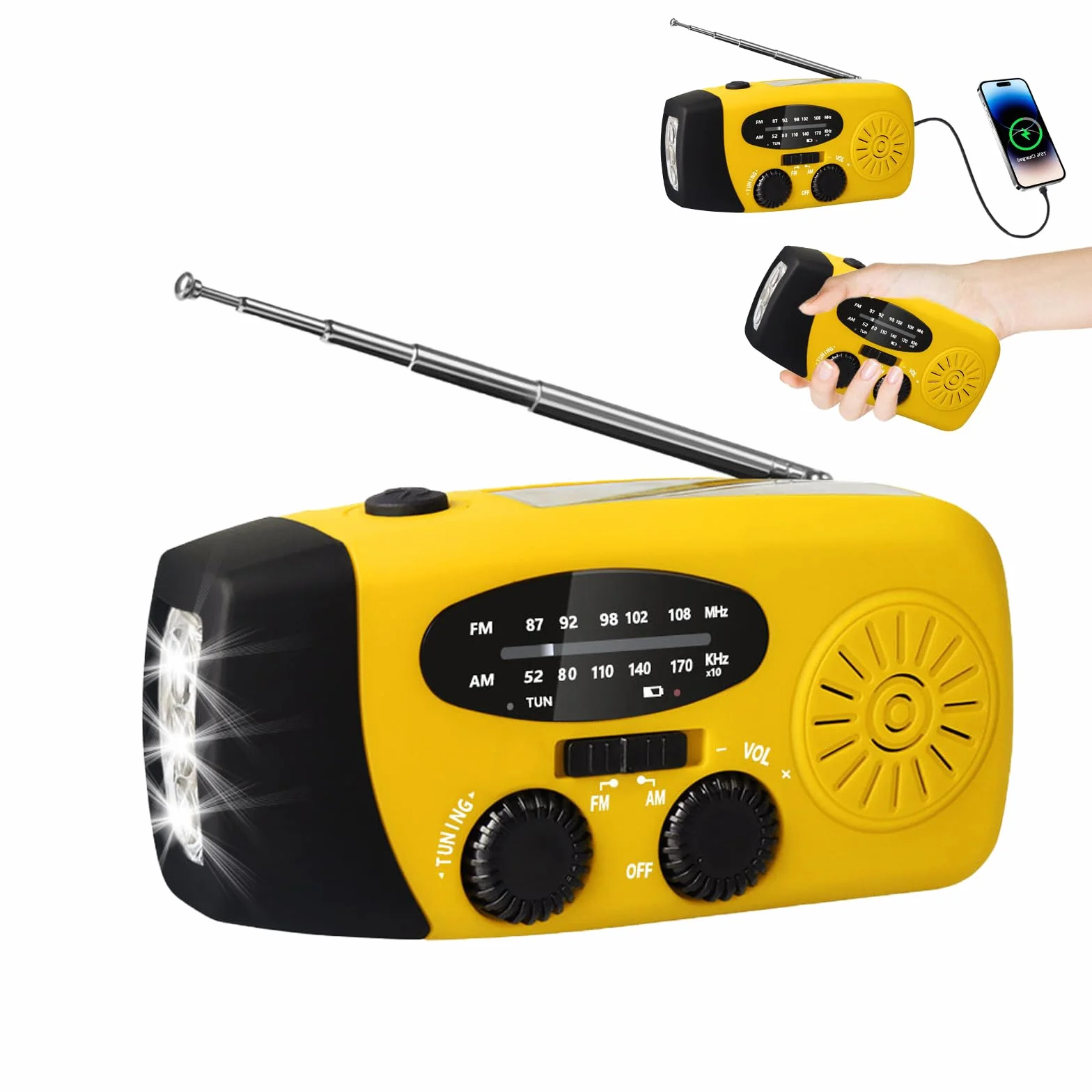 Radio à manivelle solaire LED AM/FM météo recharge téléphone portable camping randonnée urgence jaune