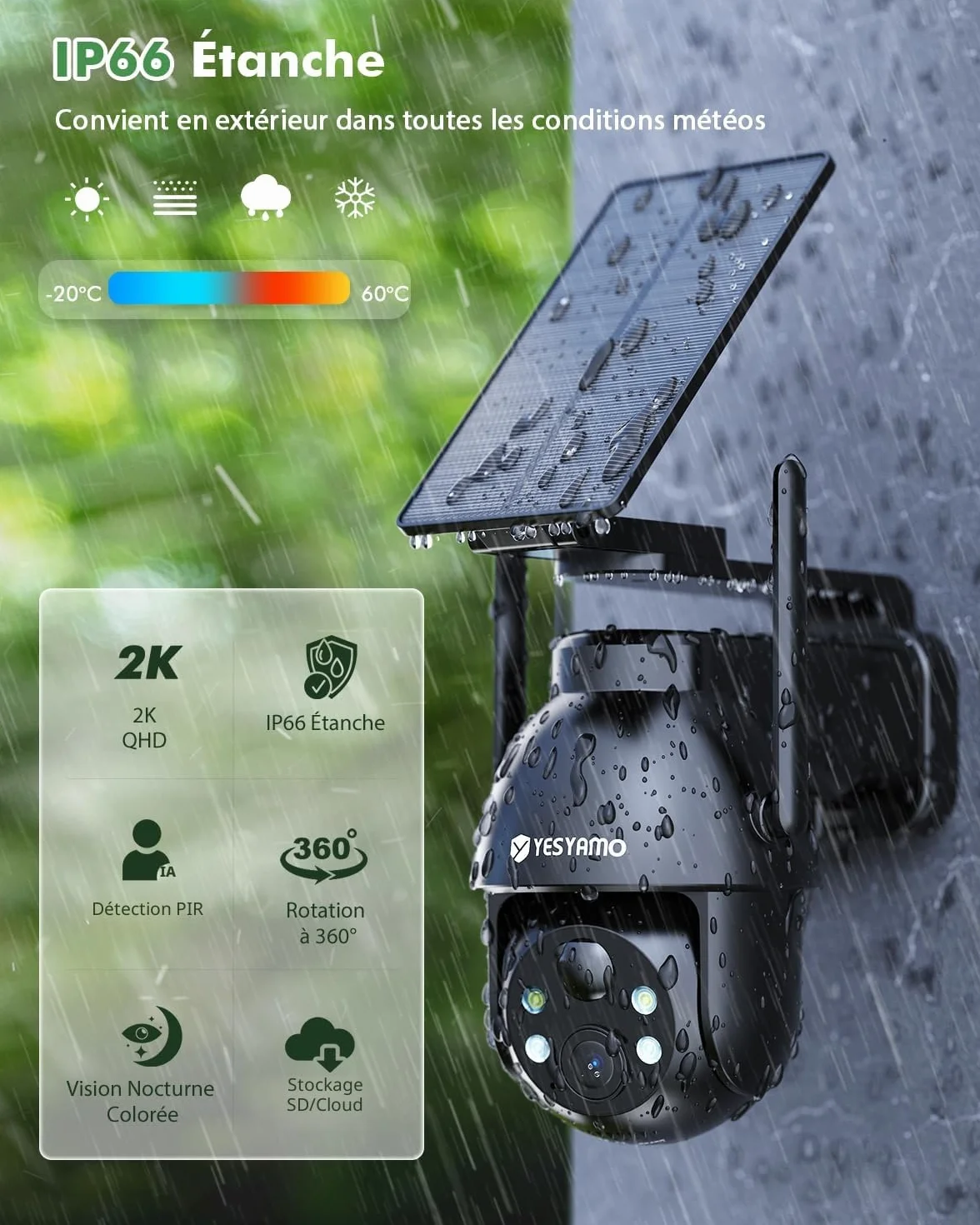 YESYAMO 2K Camera Surveillance WiFi Exterieure sans Fil Solaire, Panneau Solaire, 355° PTZ, Vision Nocturne Couleur, Audio Bidirectionnel, PIR Sirène Noir