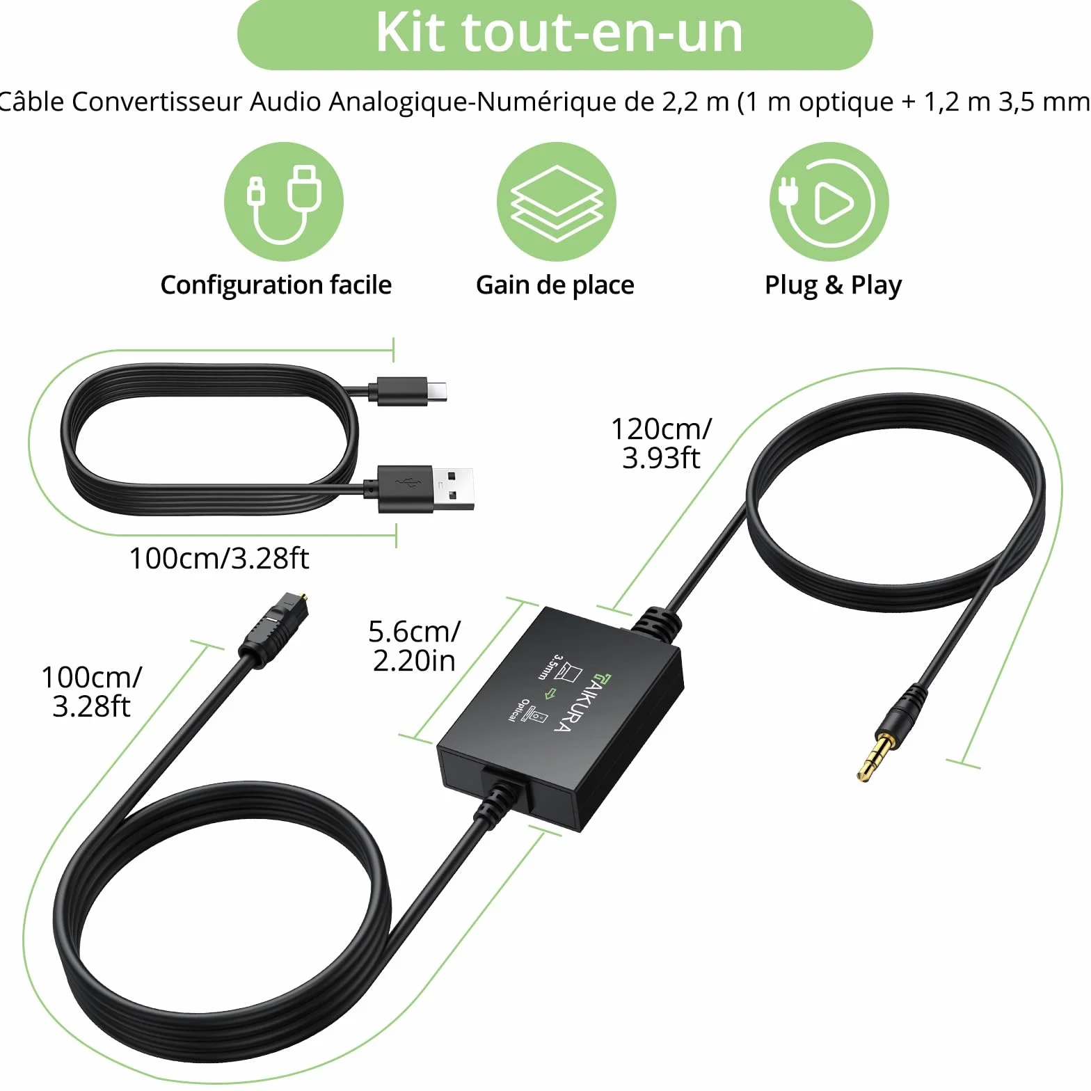 Câble convertisseur audio analogique vers numérique 3.5mm optique 1m 1.2m Plug and Play