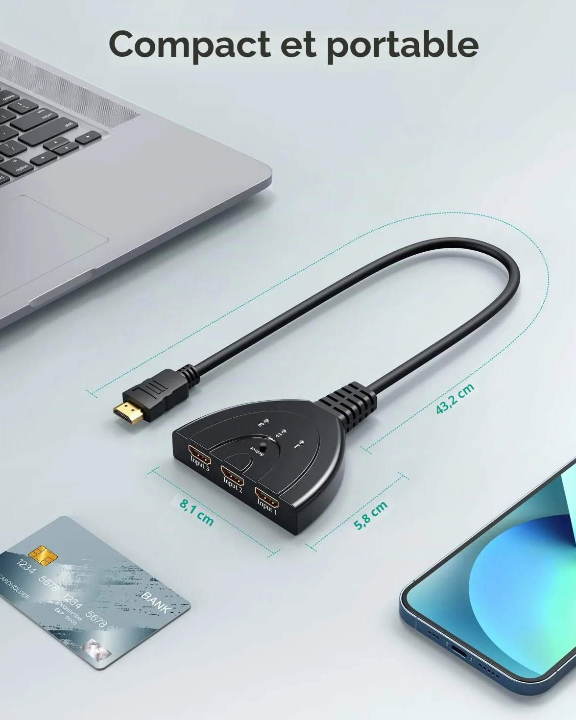 GANA HDMI Switch 3 en 1, 3 Ports Commutateur HDMI Sélecteur Splitter Manuel, Full HD 4K 3D