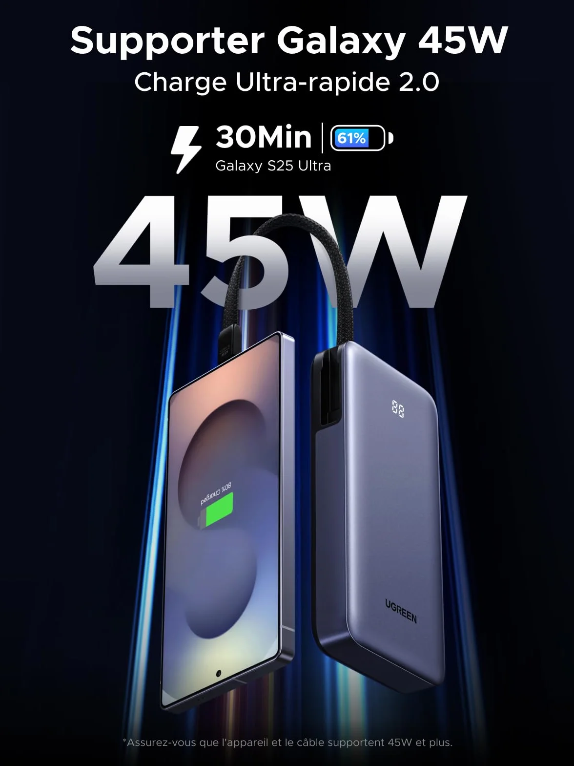 UGREEN Nexode 45W Power Bank 20000mAh PD3.0 USB C Câble Intégré Charge Rapide Portable pour iPhone 17 16 15 Galaxy S25 S24 MacBook
